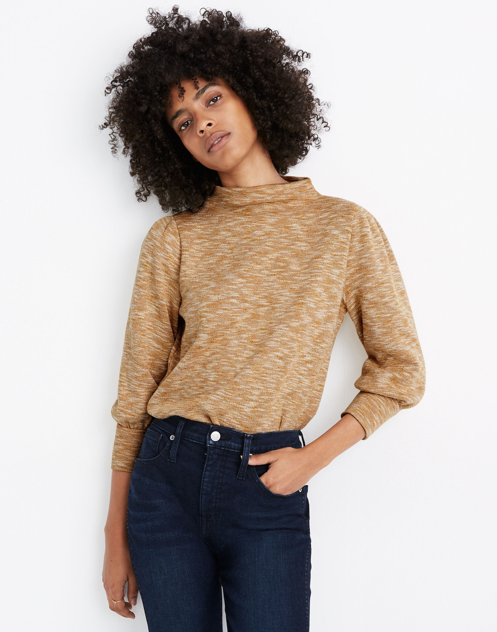 Gathered-Sleeve Mockneck Top