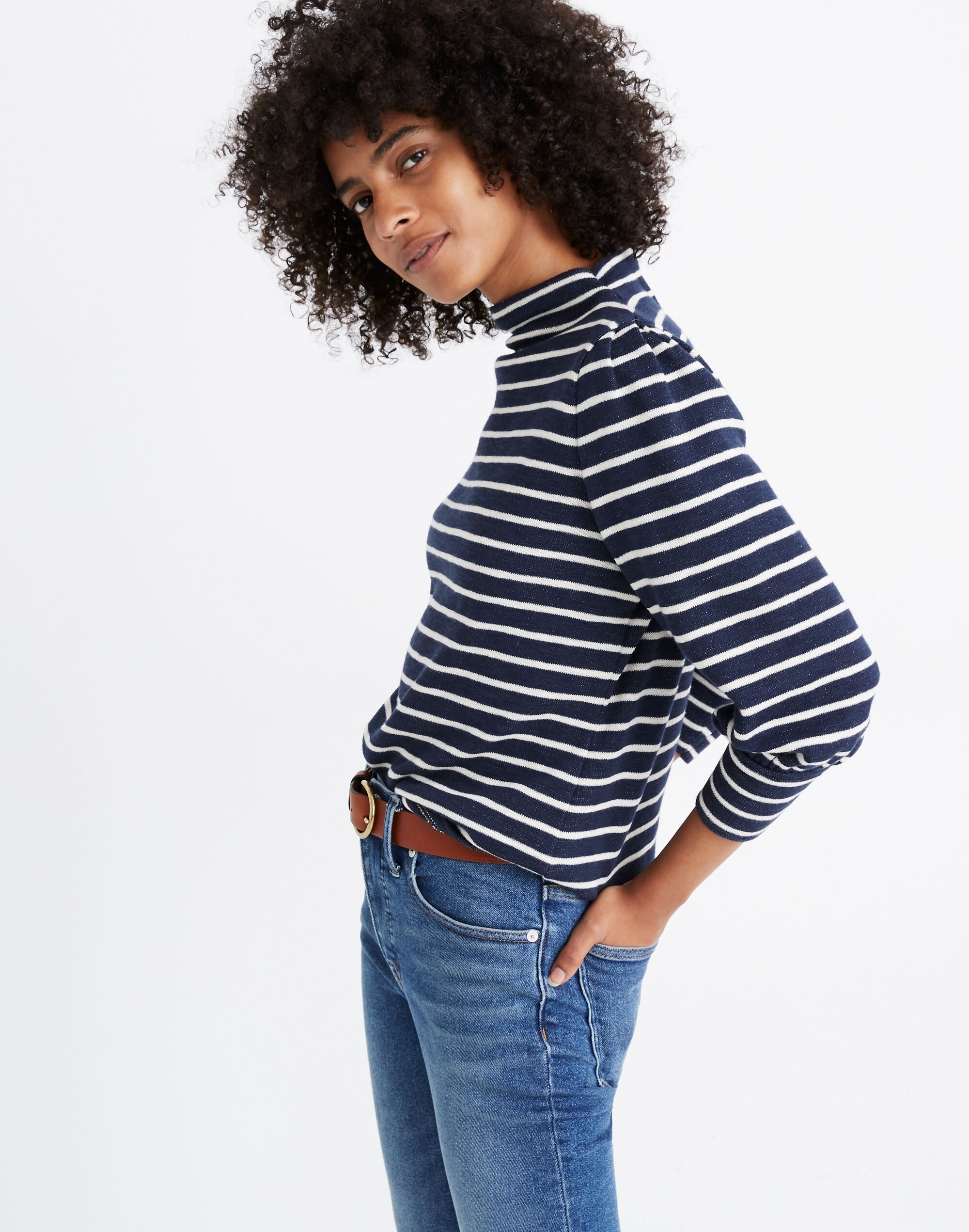 Gathered-Sleeve Mockneck Top in Stripe