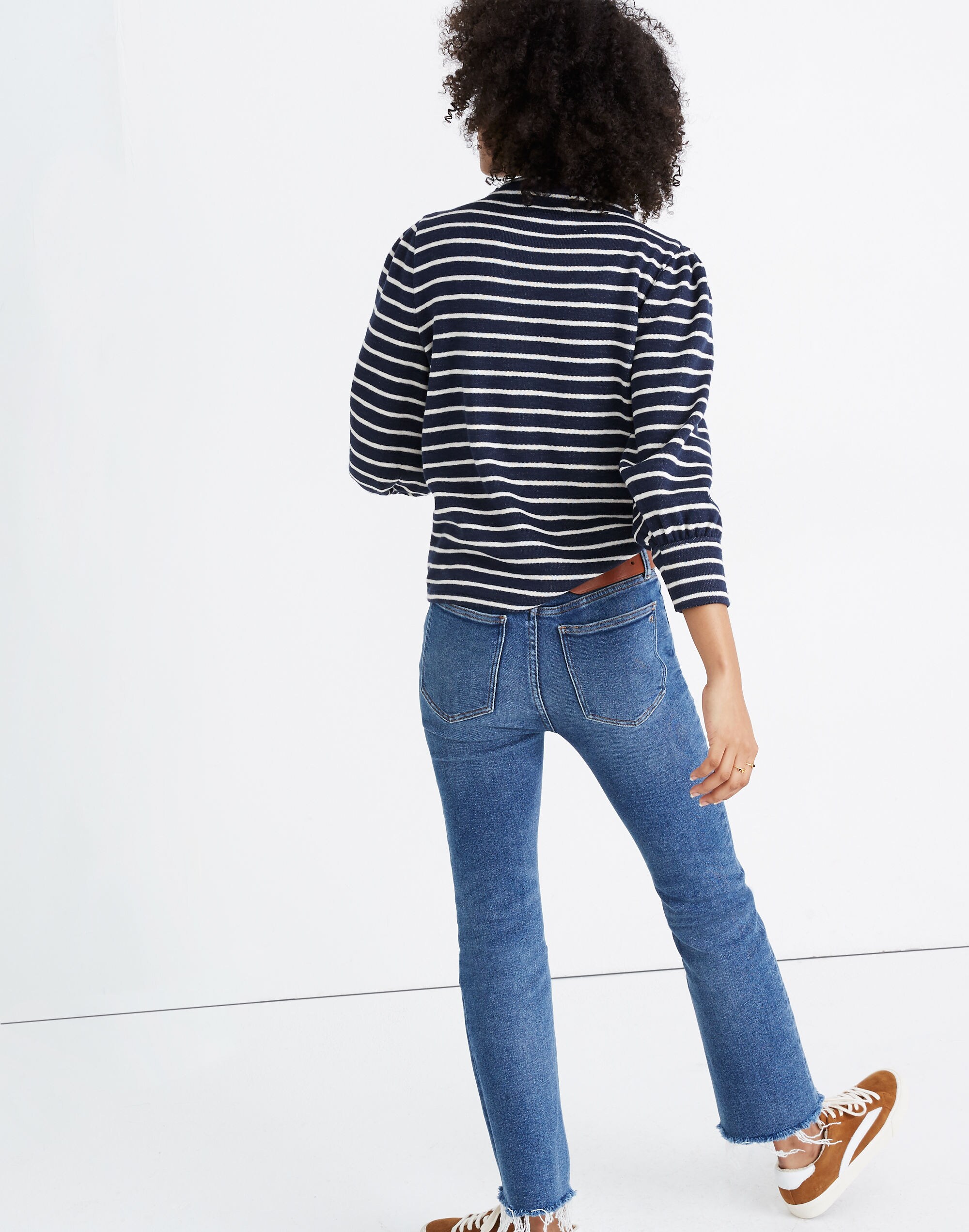 Gathered-Sleeve Mockneck Top in Stripe