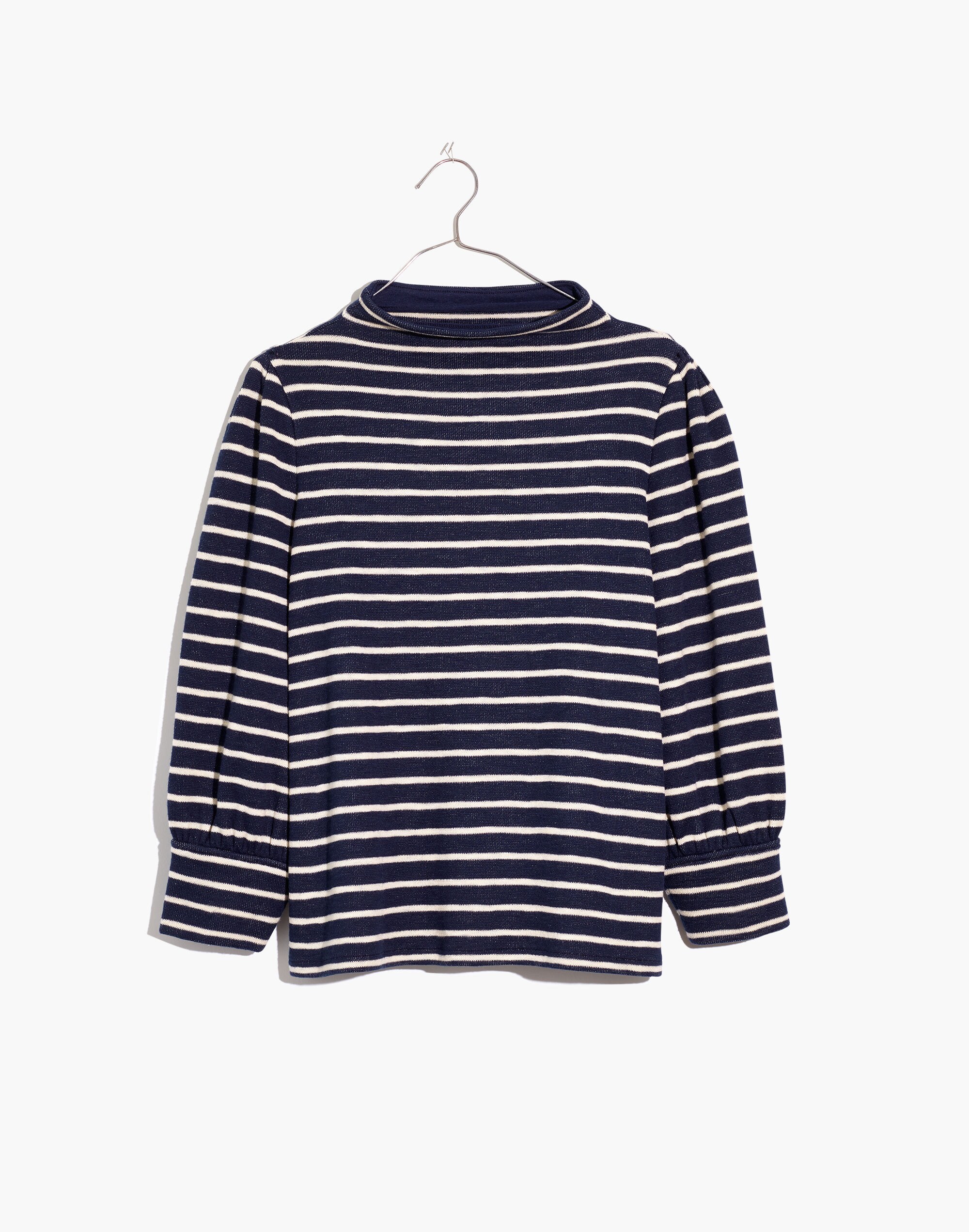 Gathered-Sleeve Mockneck Top in Stripe