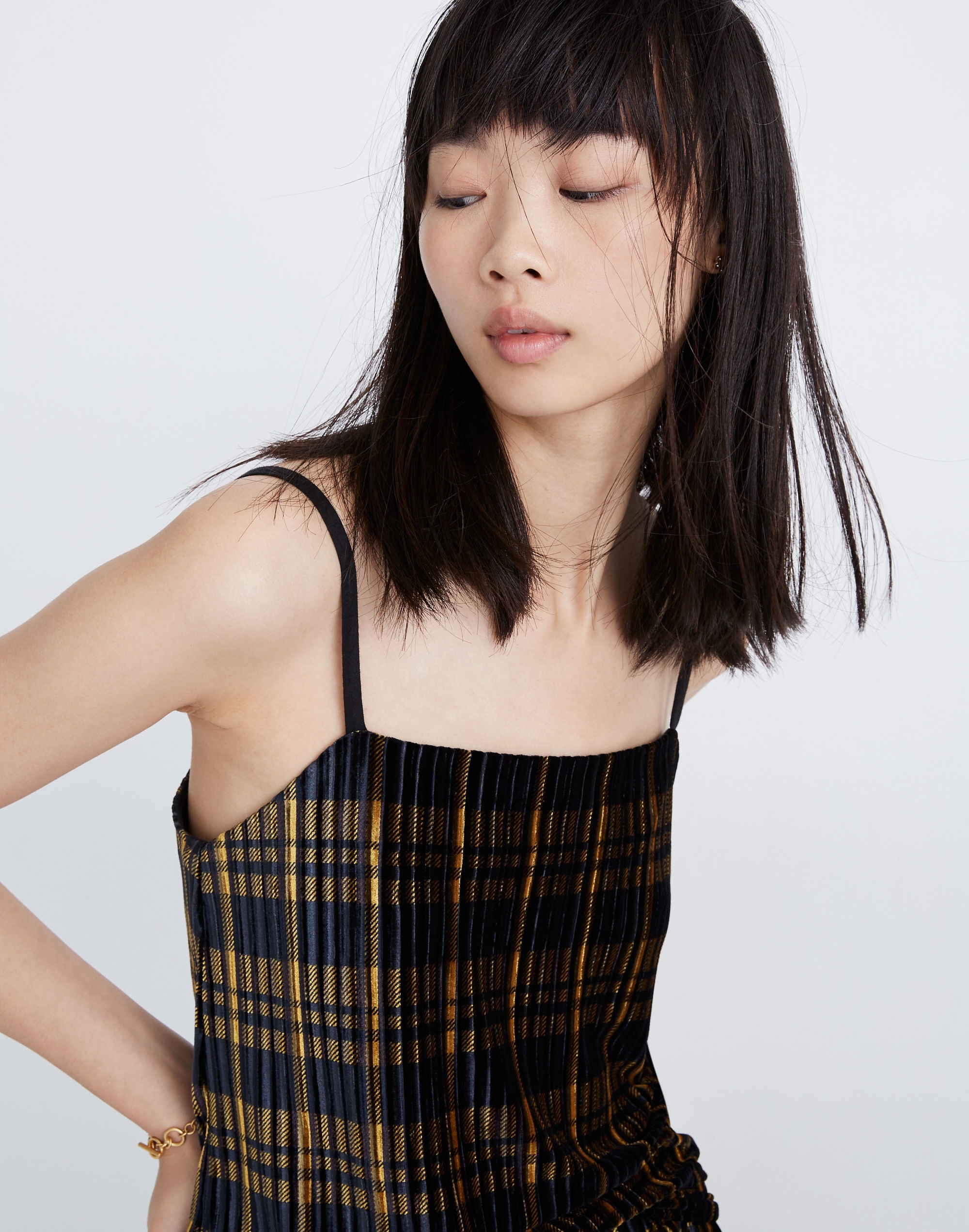 Pleated Velvet Cami Top in Plaid