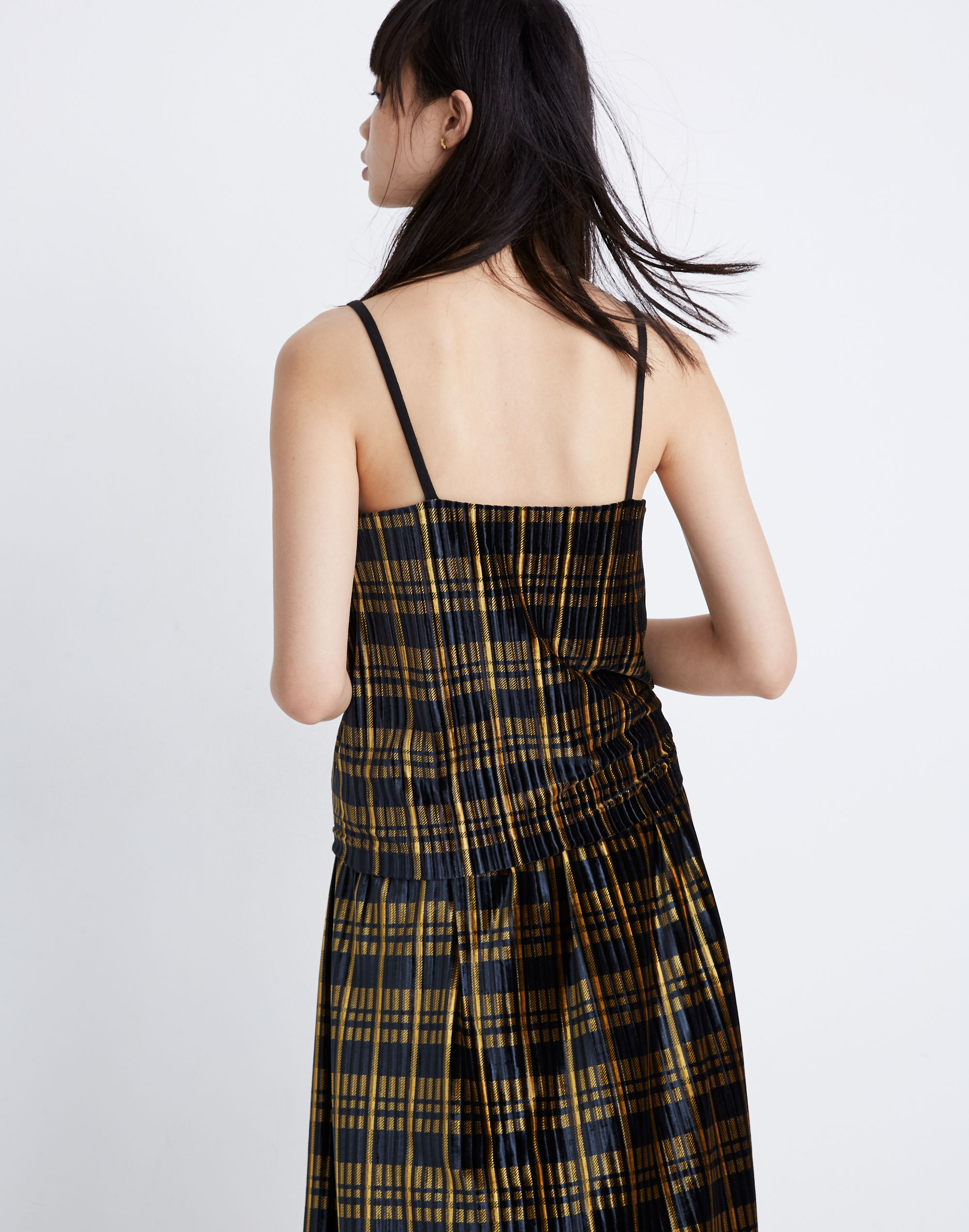 Pleated Velvet Cami Top in Plaid