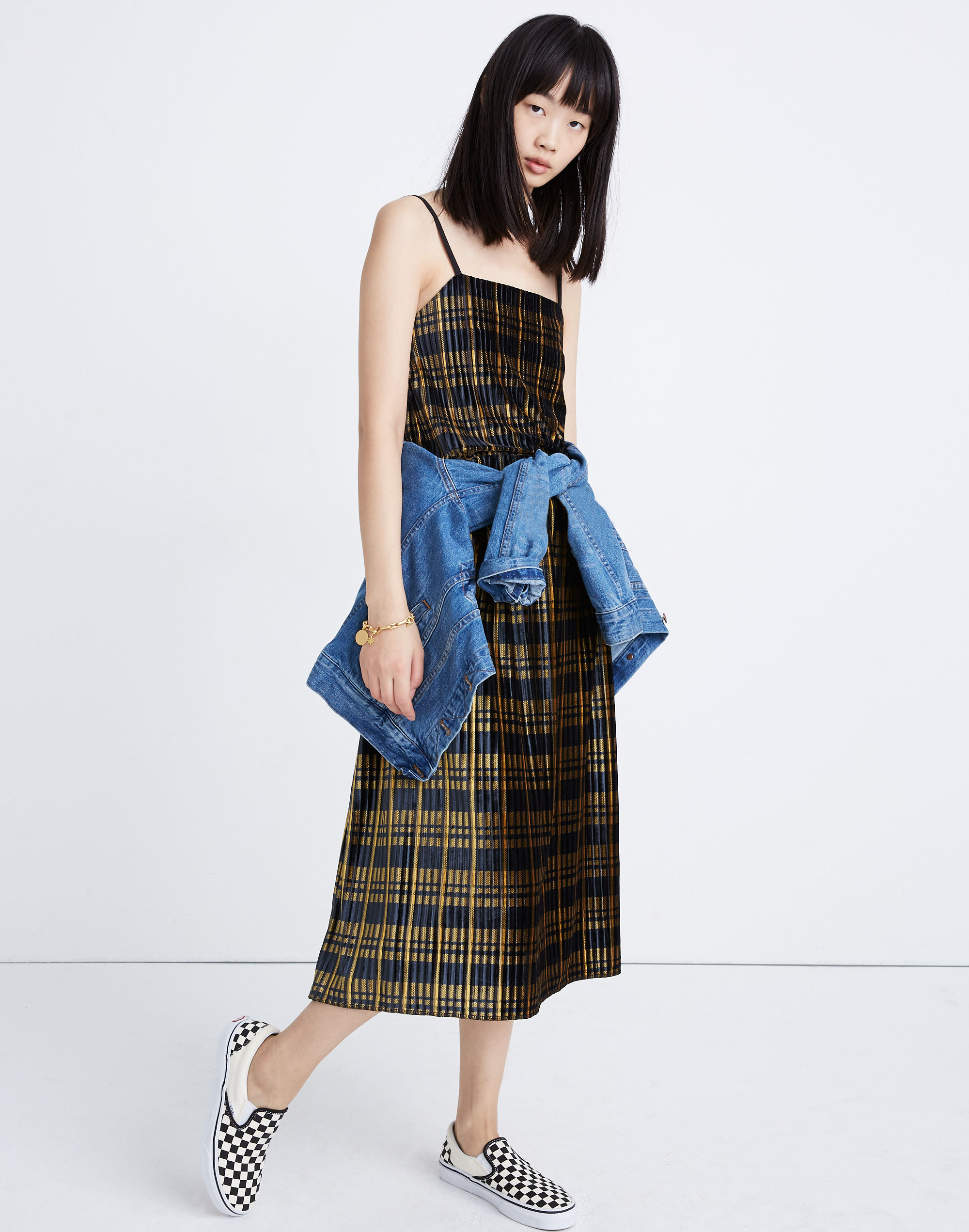 Pleated Velvet Cami Top in Plaid