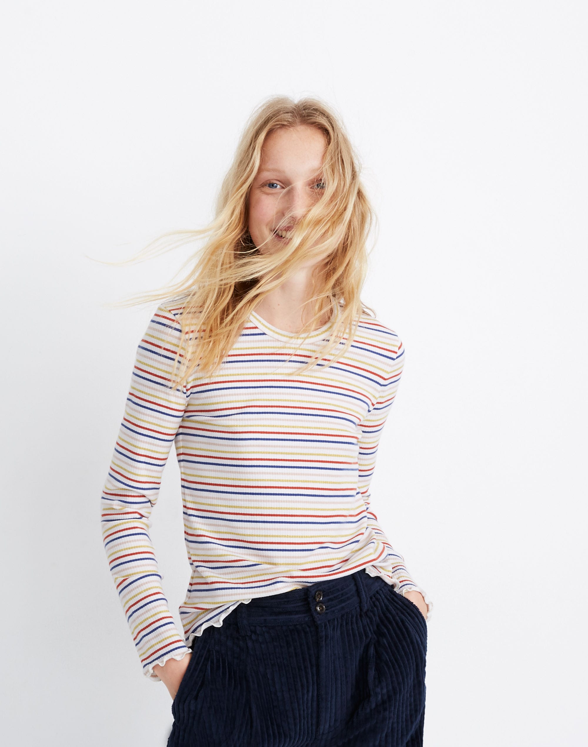 Long-Sleeve Baby Tee in Shimmer Stripe
