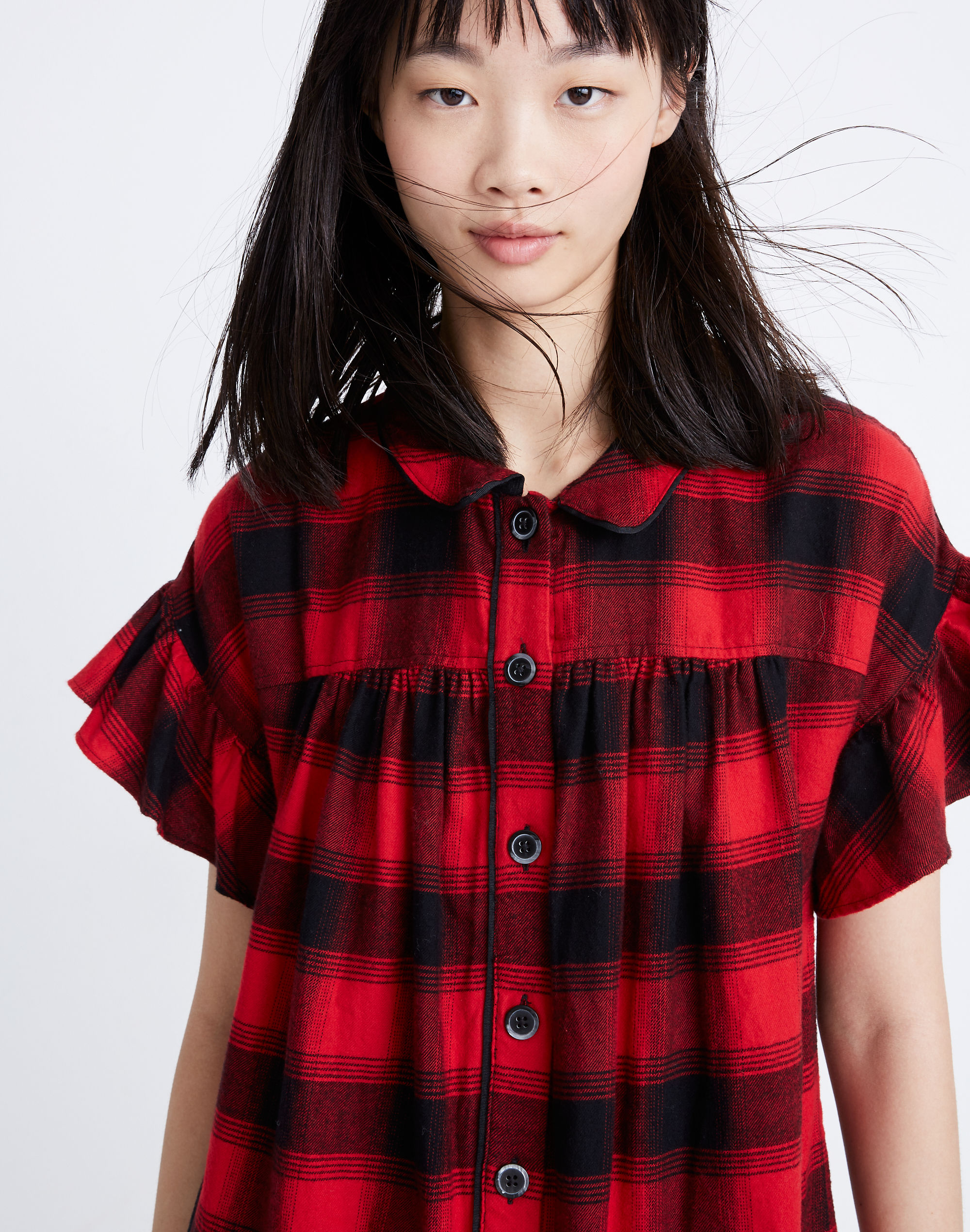 Flannel Flutter-Sleeve Tunic Sleep Dress