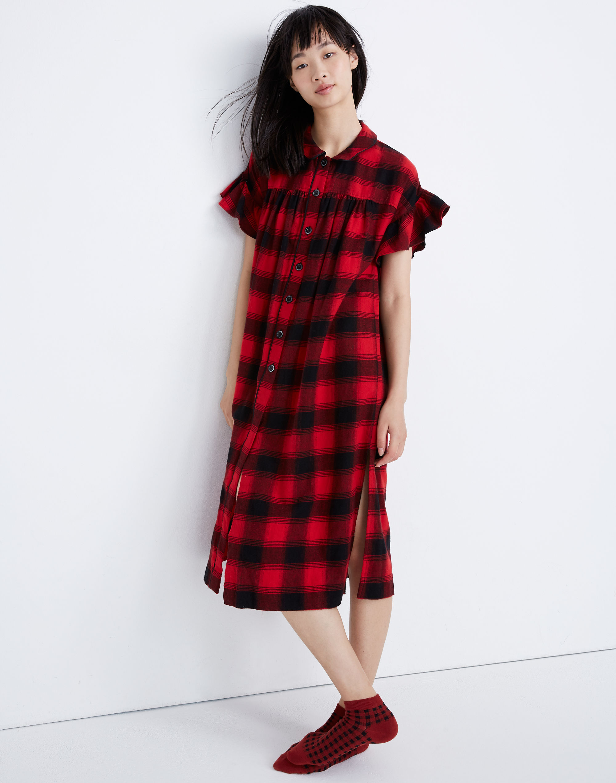 Flannel Flutter-Sleeve Tunic Sleep Dress