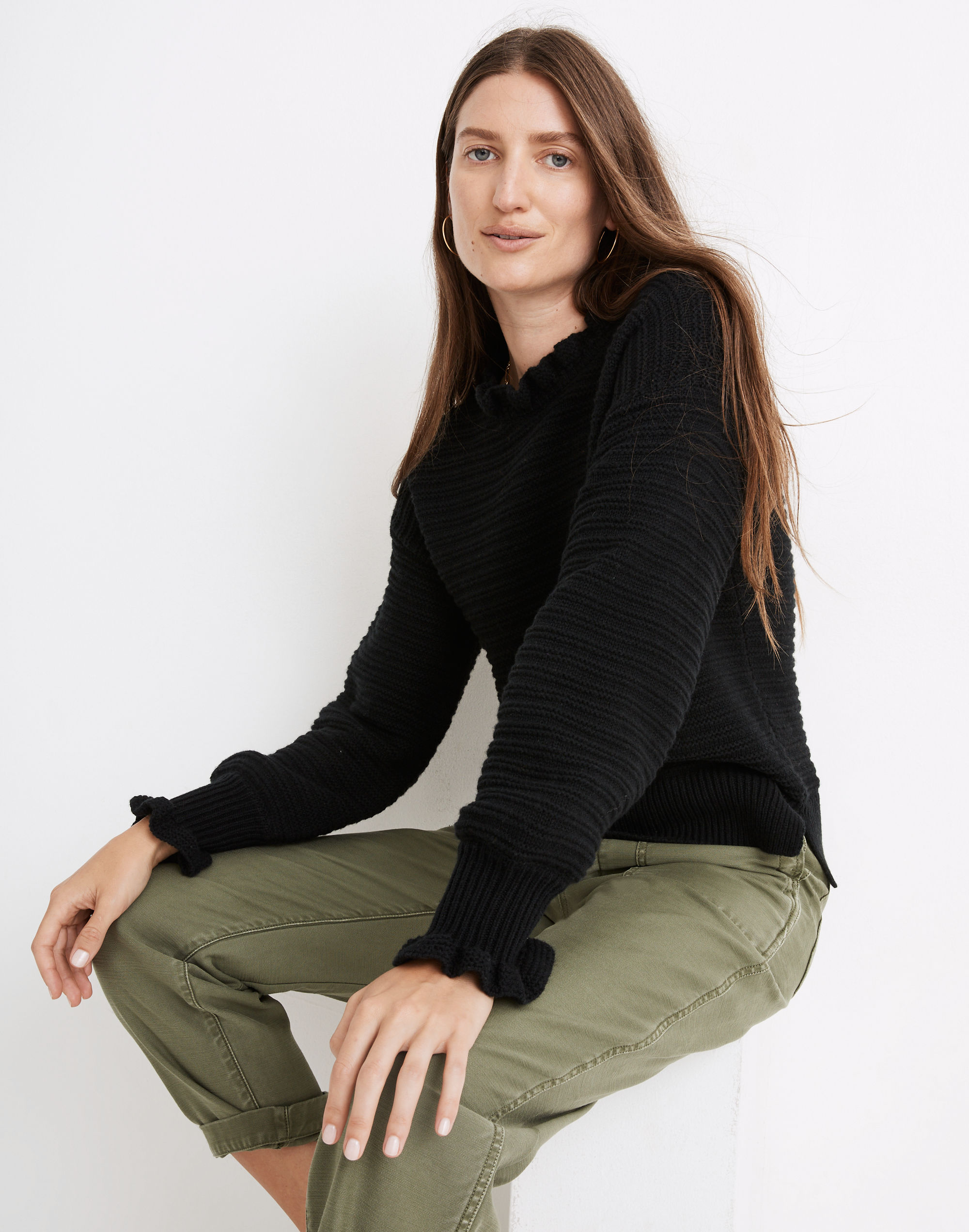Ruffle-Neck Pullover Sweater in Cotton-Merino Yarn