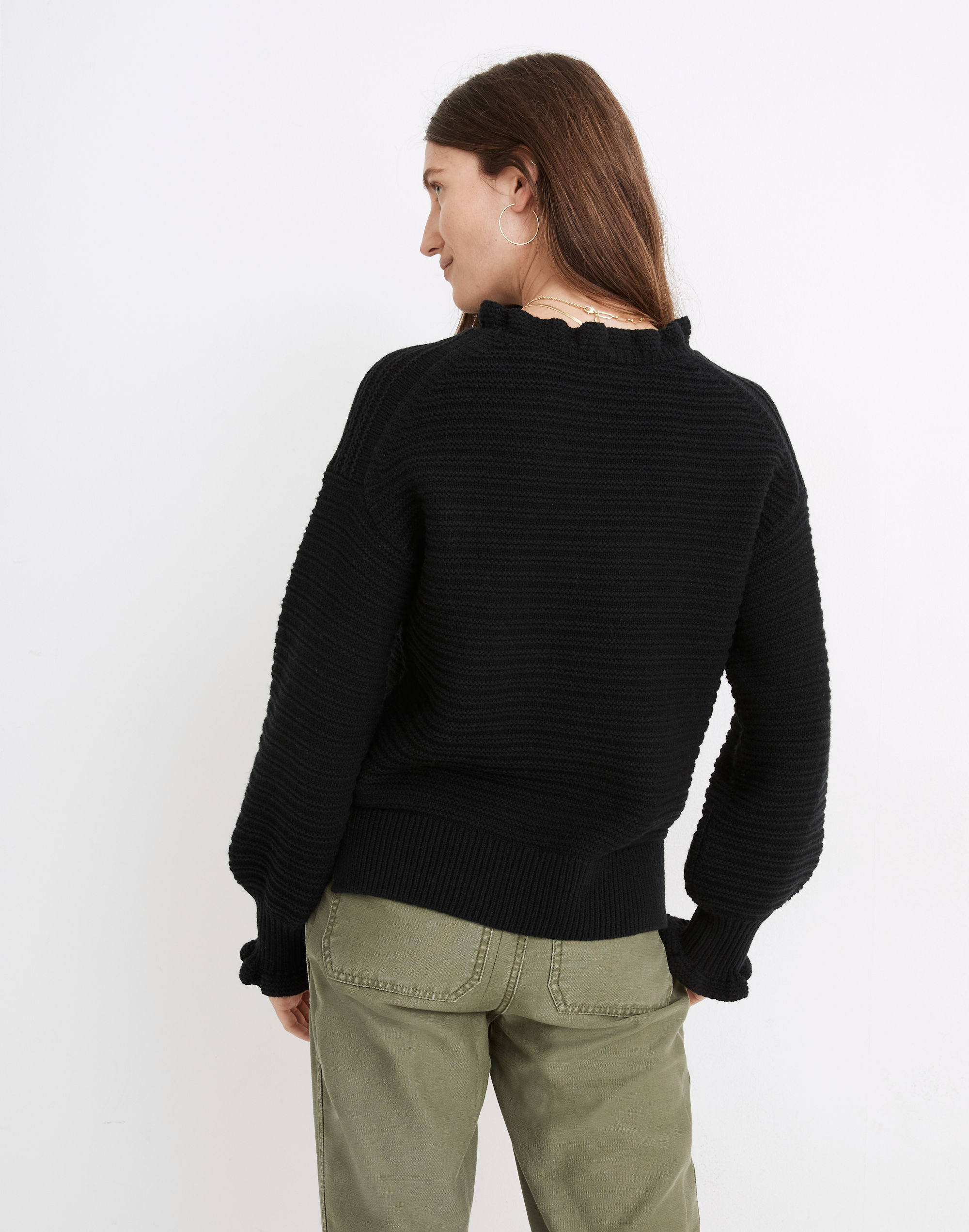 Ruffle-Neck Pullover Sweater in Cotton-Merino Yarn