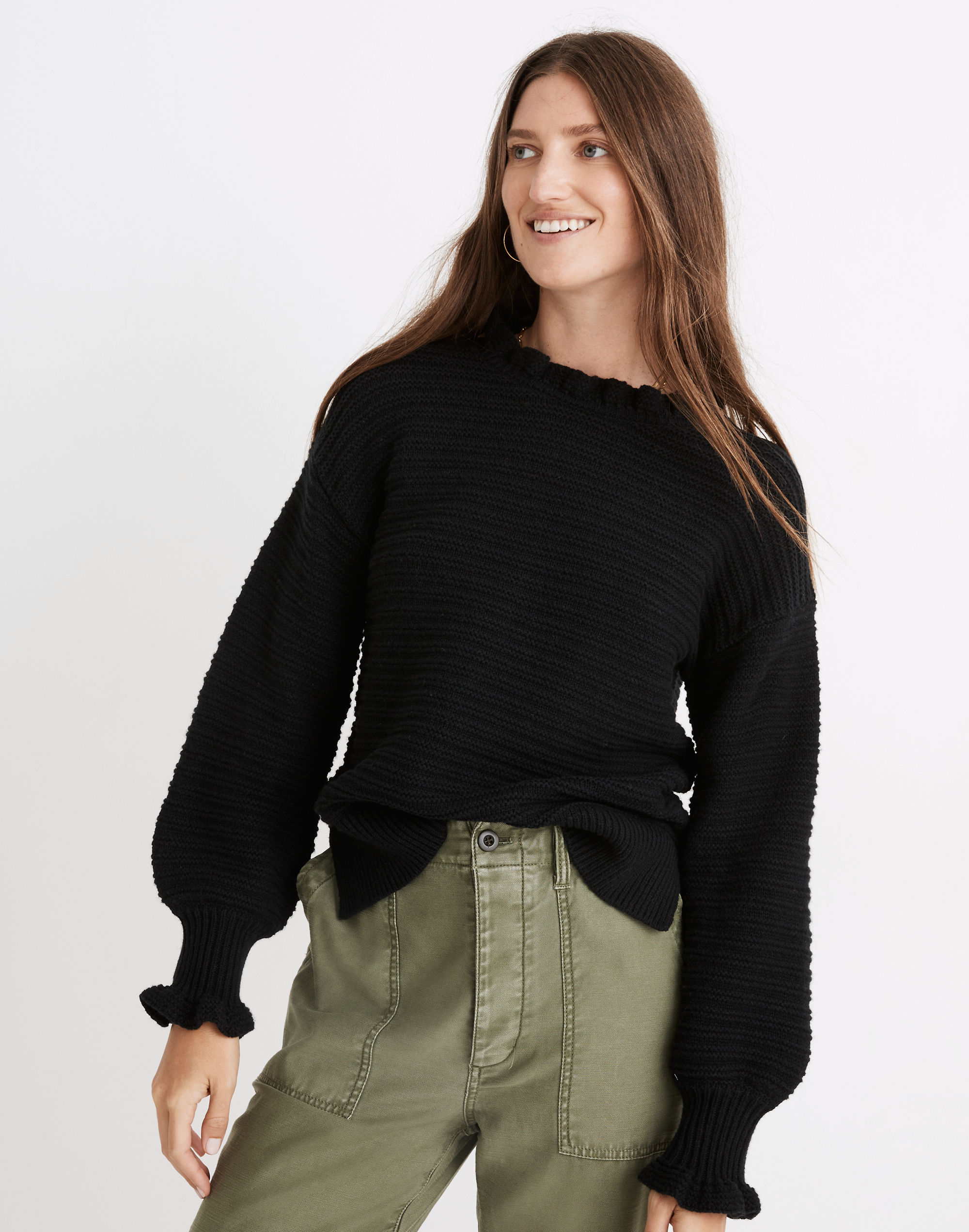 Ruffle-Neck Pullover Sweater in Cotton-Merino Yarn