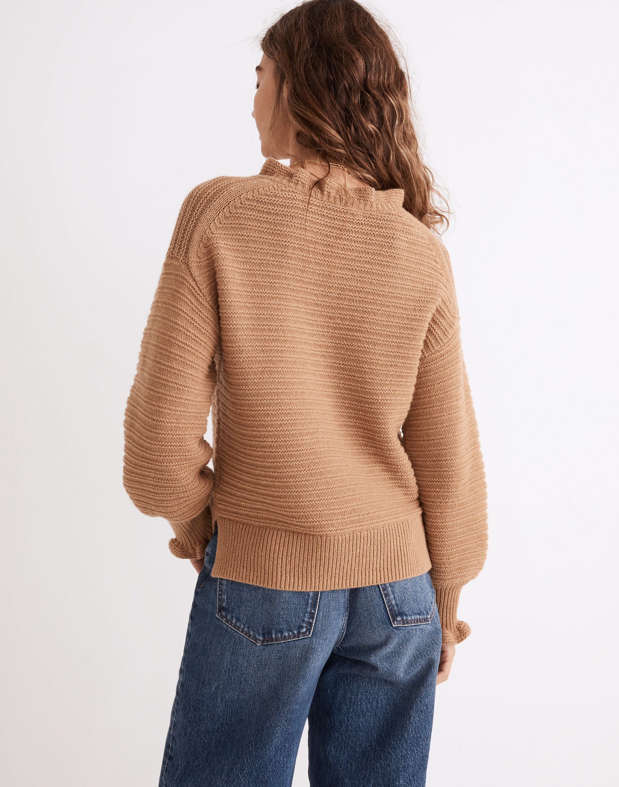 Ruffle-Neck Pullover Sweater in Cotton-Merino Yarn
