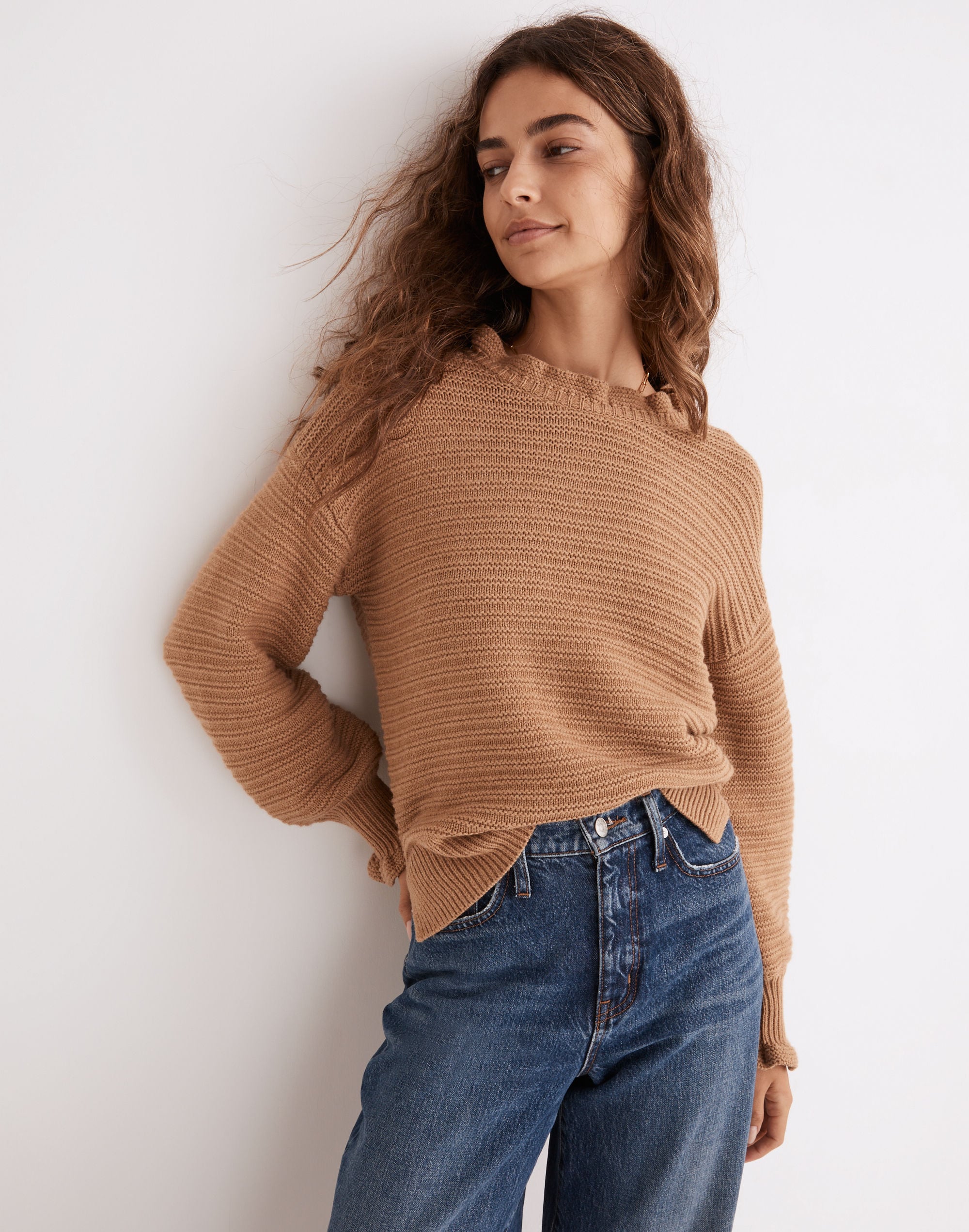 Ruffle-Neck Pullover Sweater in Cotton-Merino Yarn