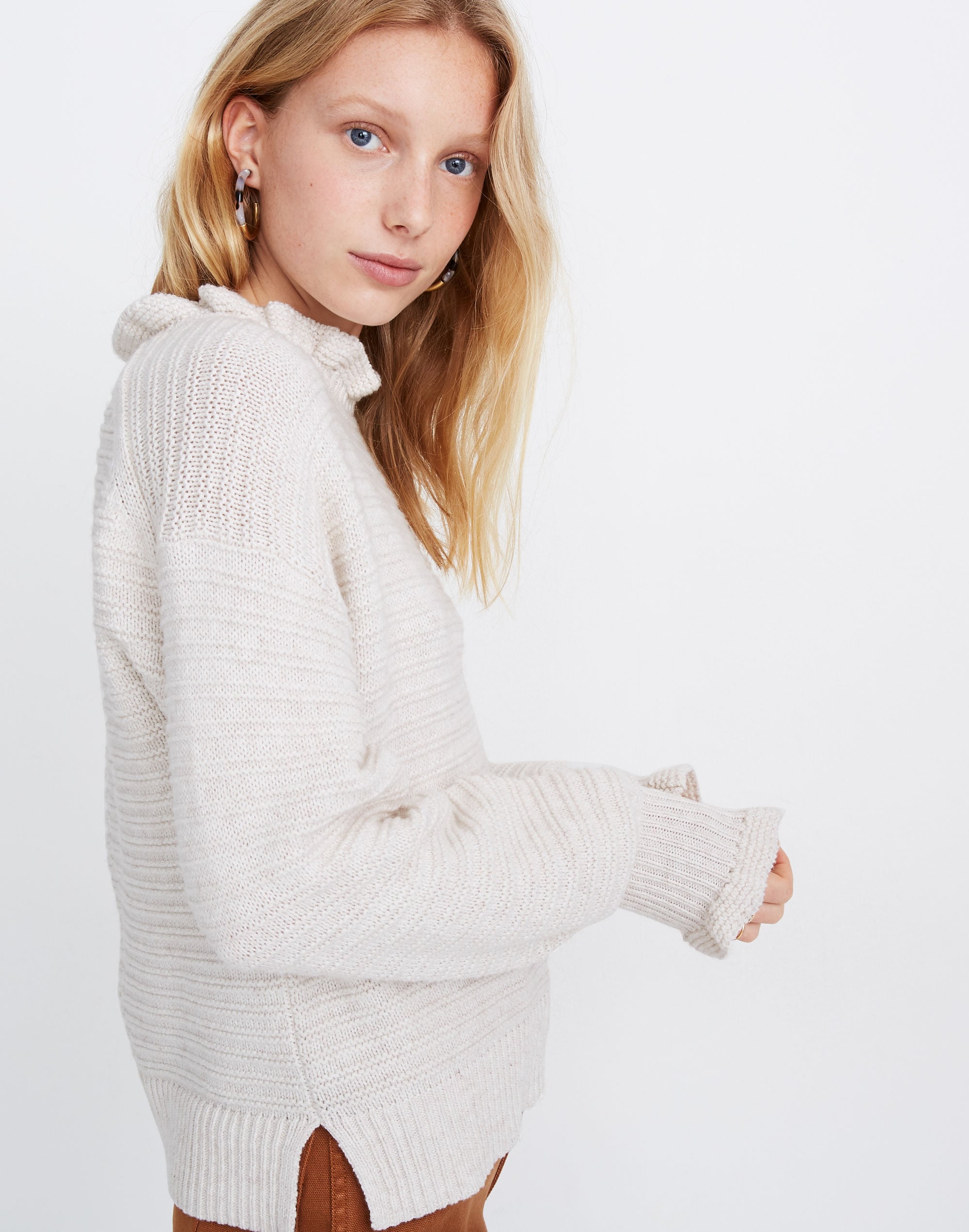 Ruffle-Neck Pullover Sweater in Cotton-Merino Yarn