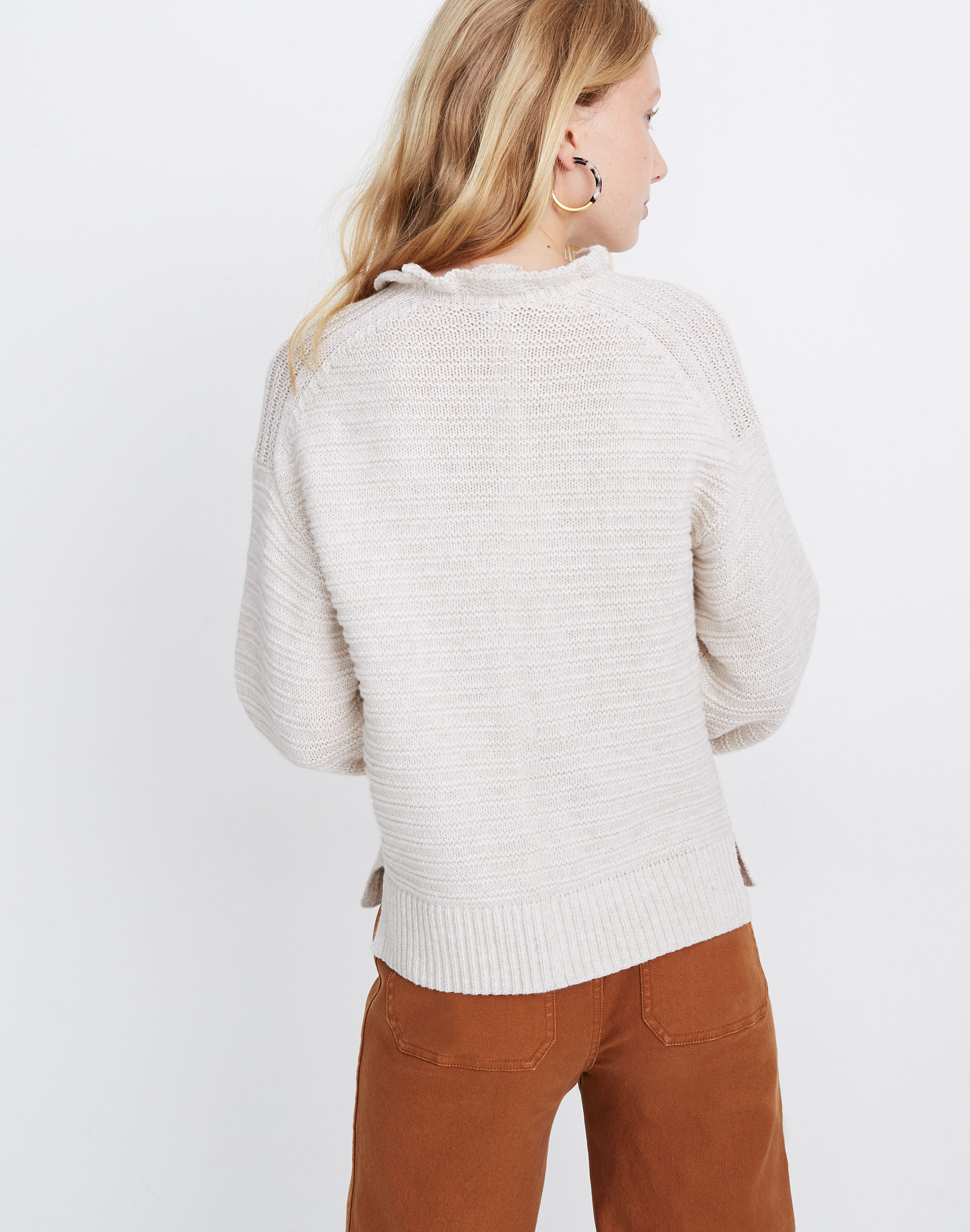 Ruffle-Neck Pullover Sweater in Cotton-Merino Yarn
