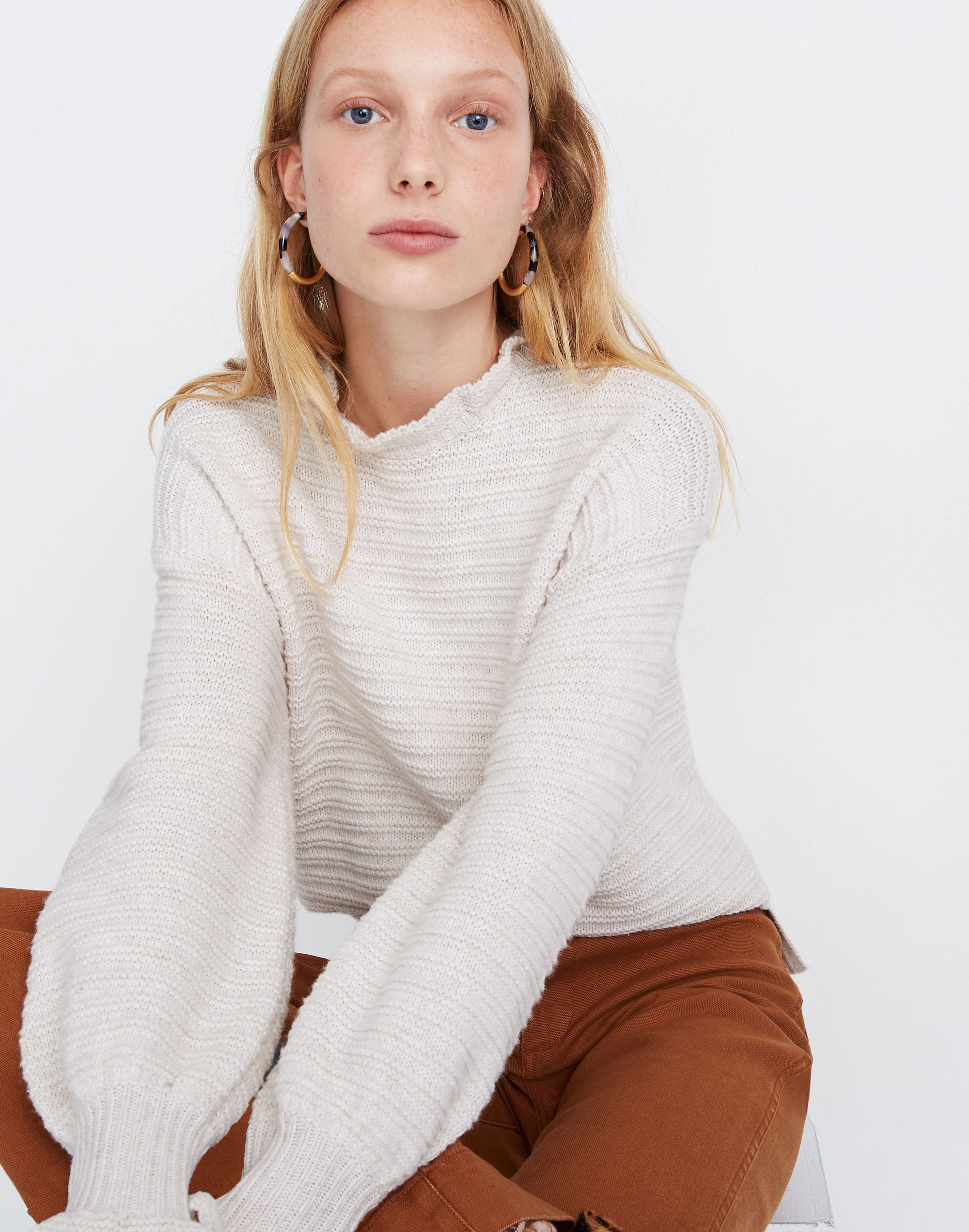 ruffle-neck pullover sweater in cotton-merino yarn