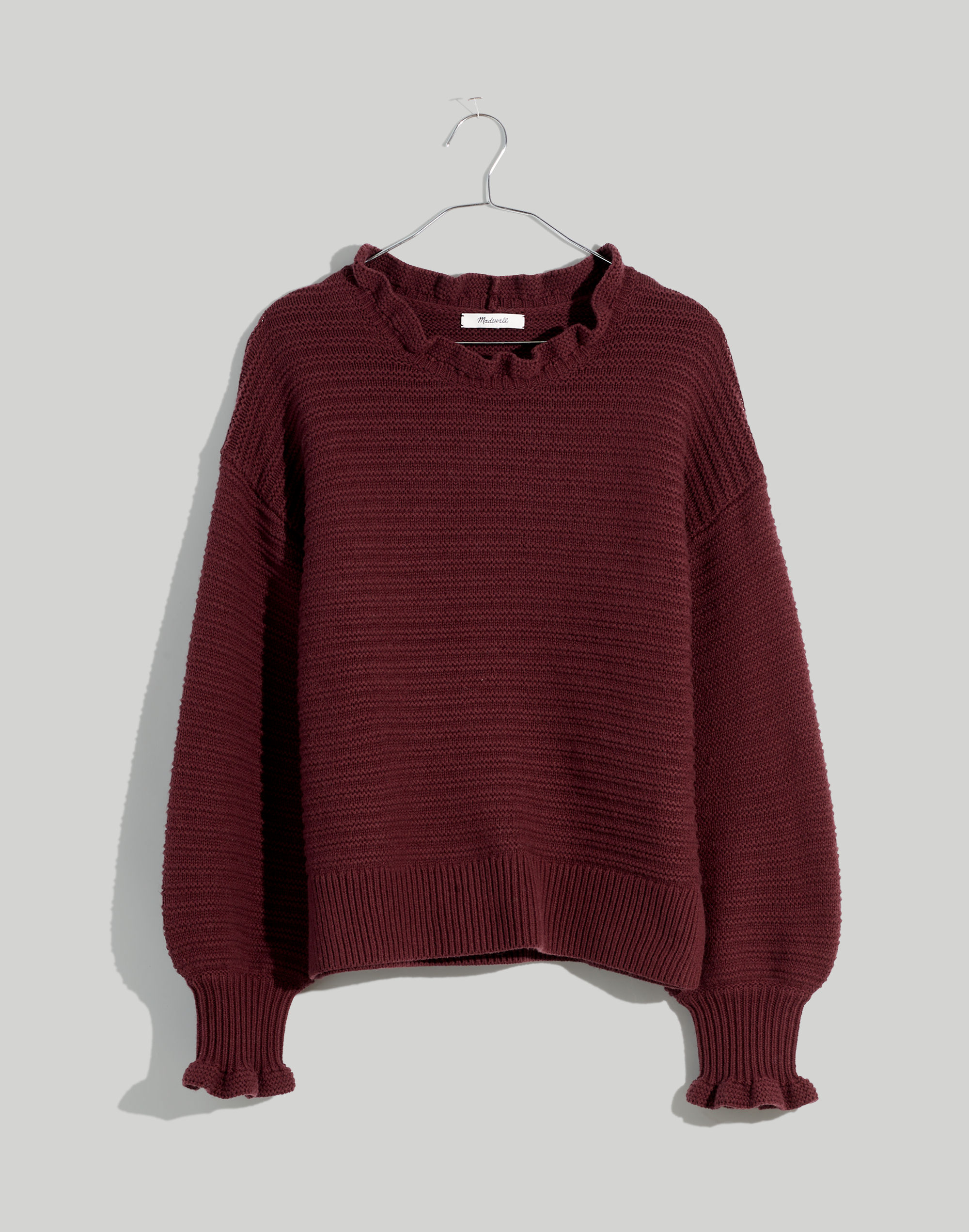 Ruffle-Neck Pullover Sweater in Cotton-Merino Yarn