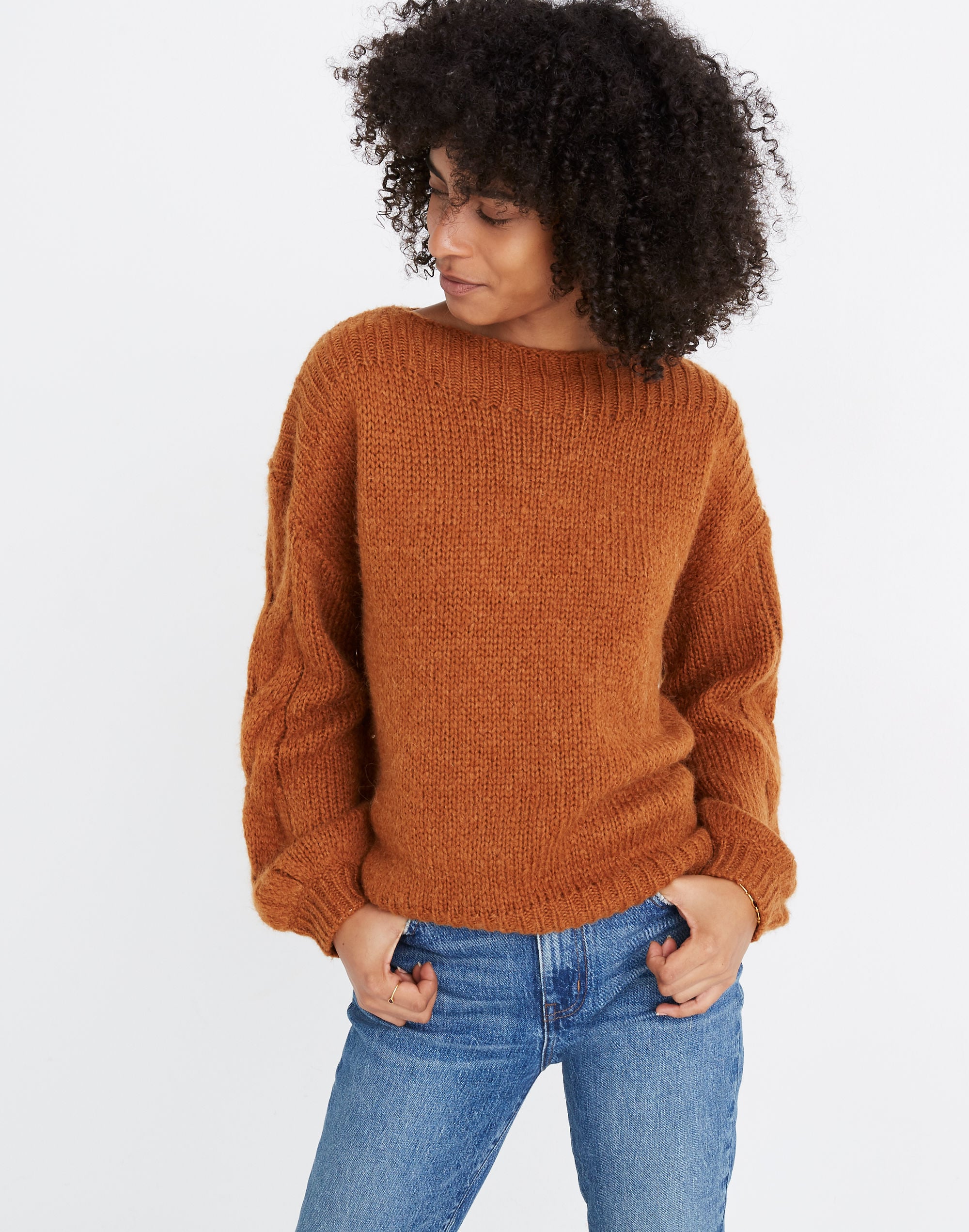 Cable-Sleeve Boatneck Sweater
