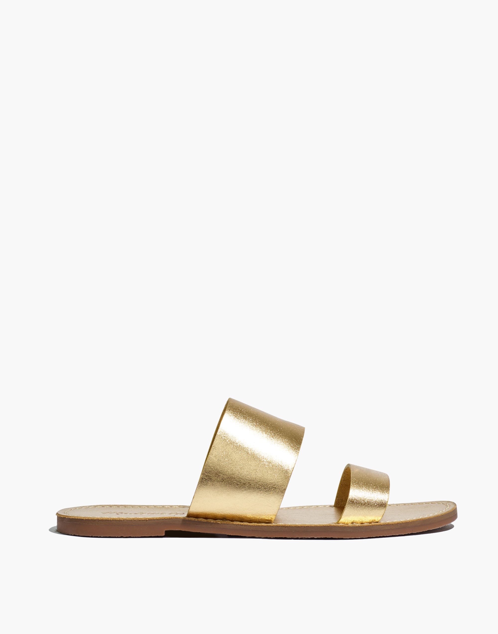 The Boardwalk Double-Strap Slide Sandal in Metallic Leather