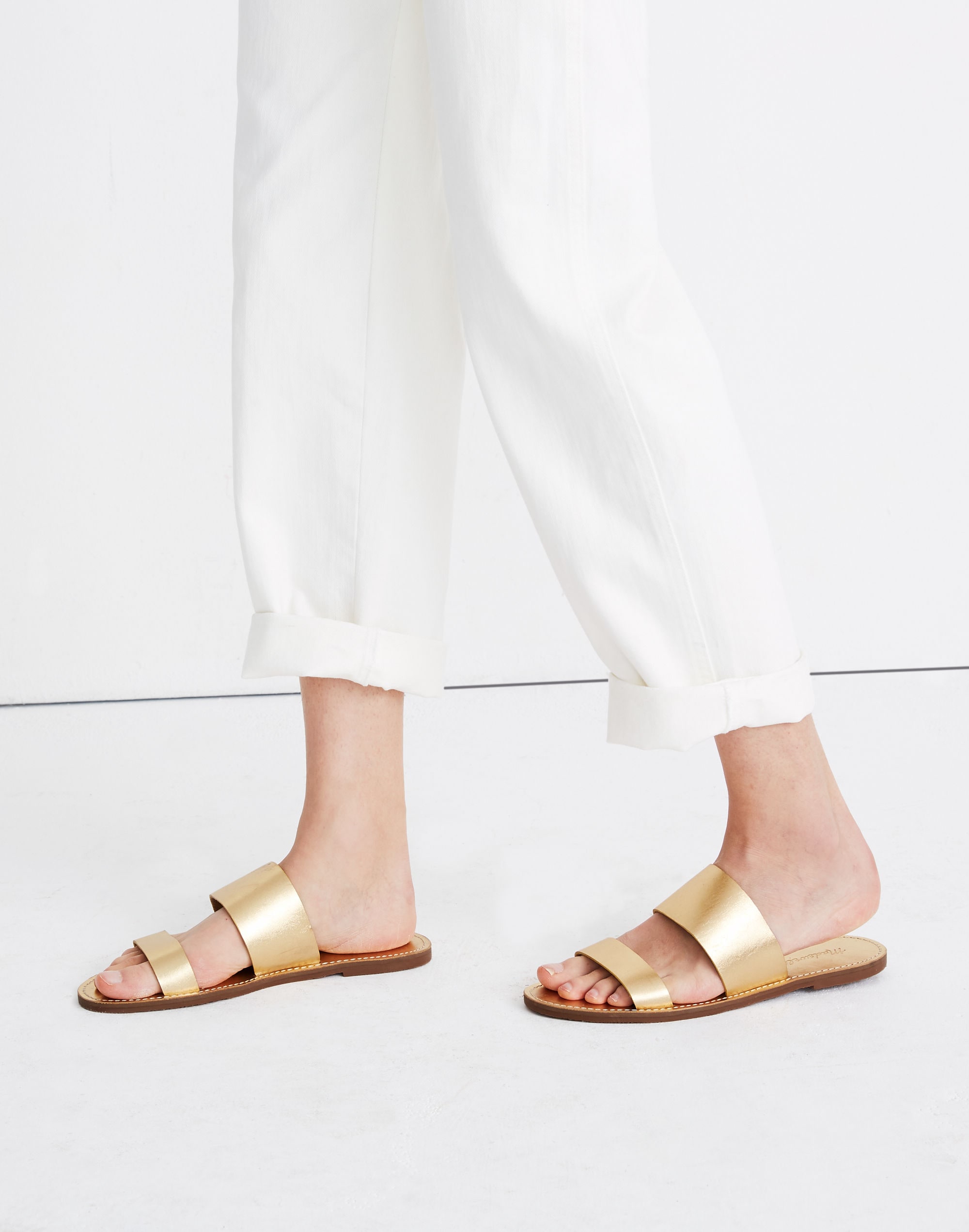 The Boardwalk Double-Strap Slide Sandal in Metallic Leather