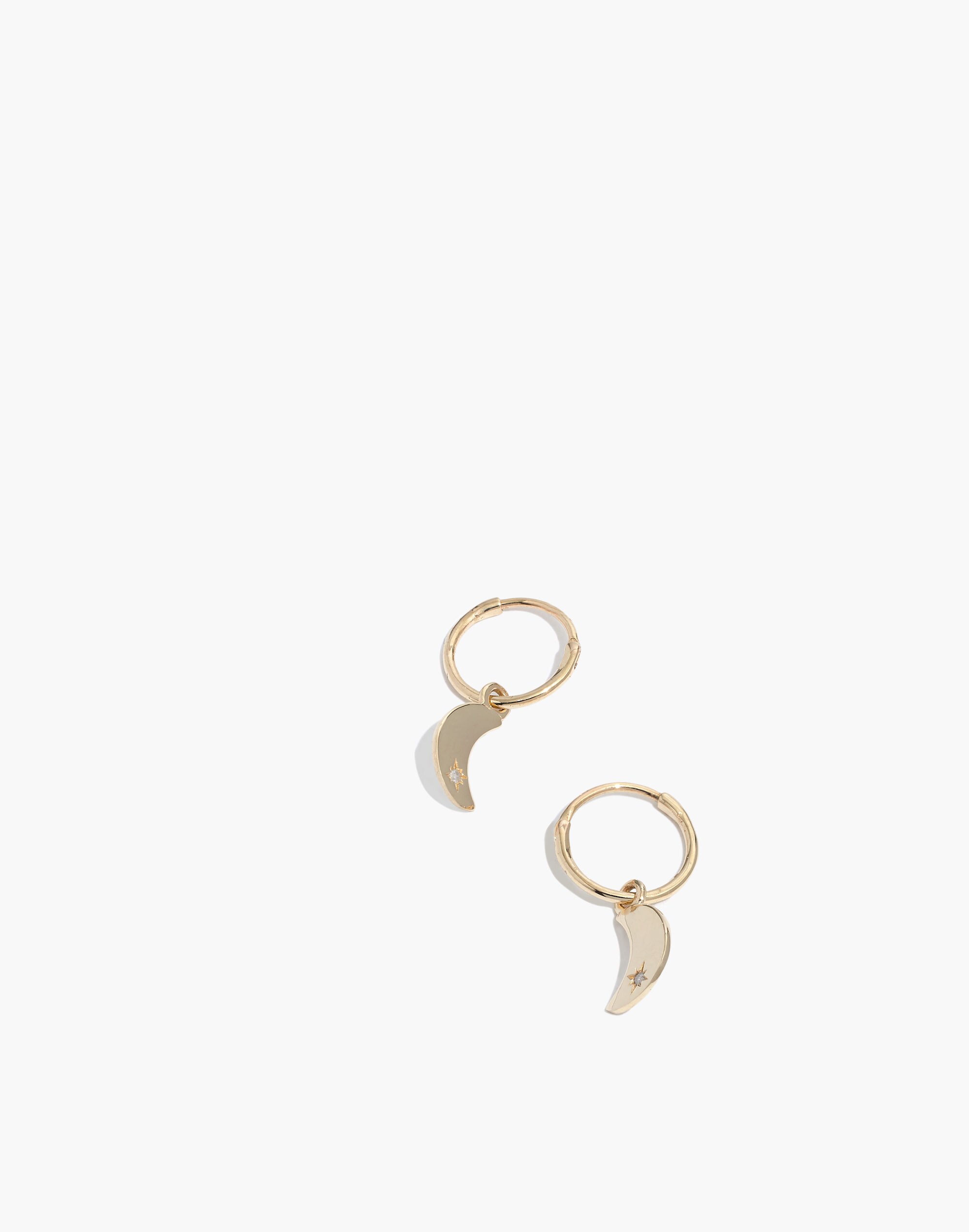 14k Gold Diamond Crescent Moon Charm Hoop Earrings