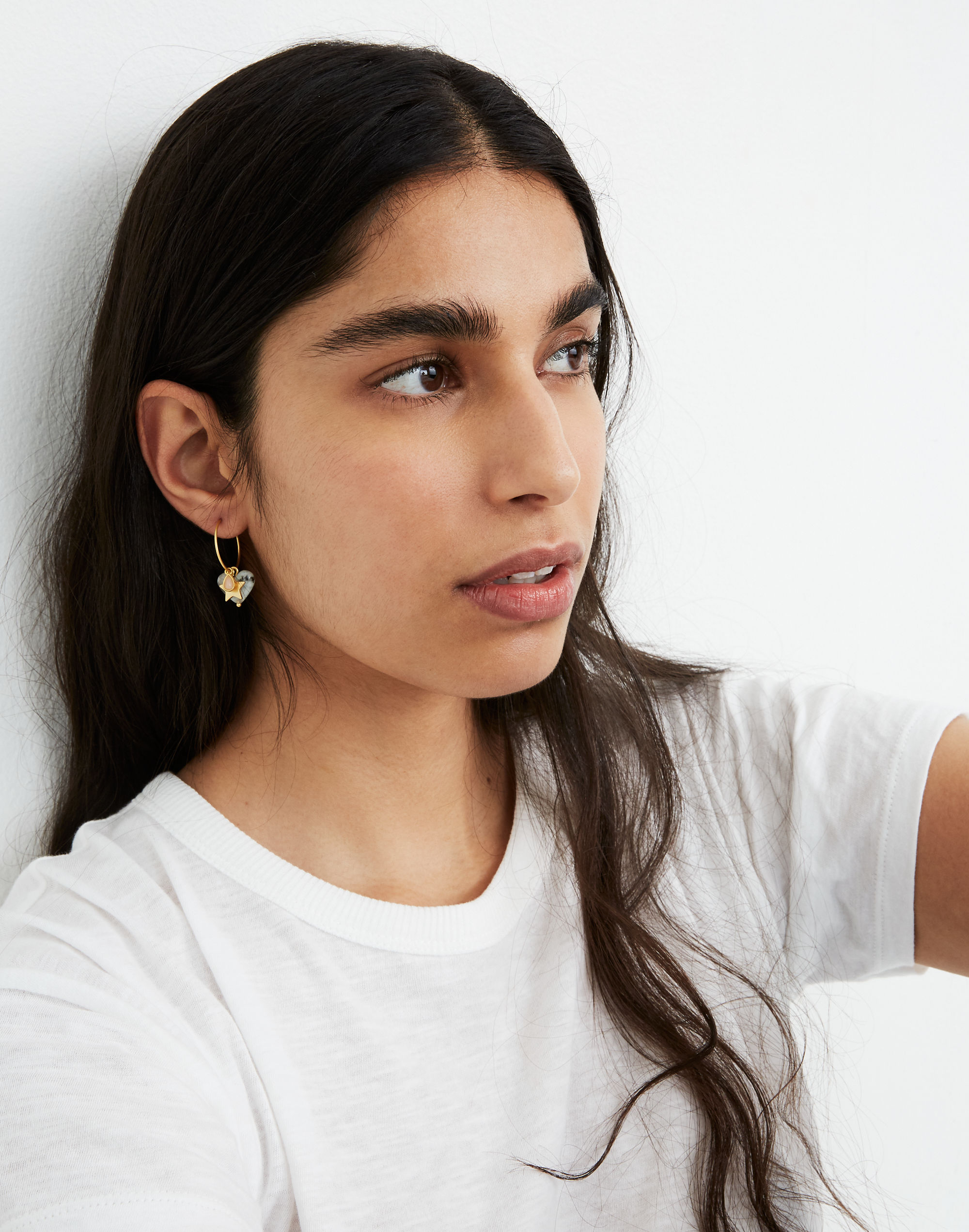 Carved Heart Charm Hoop Earrings