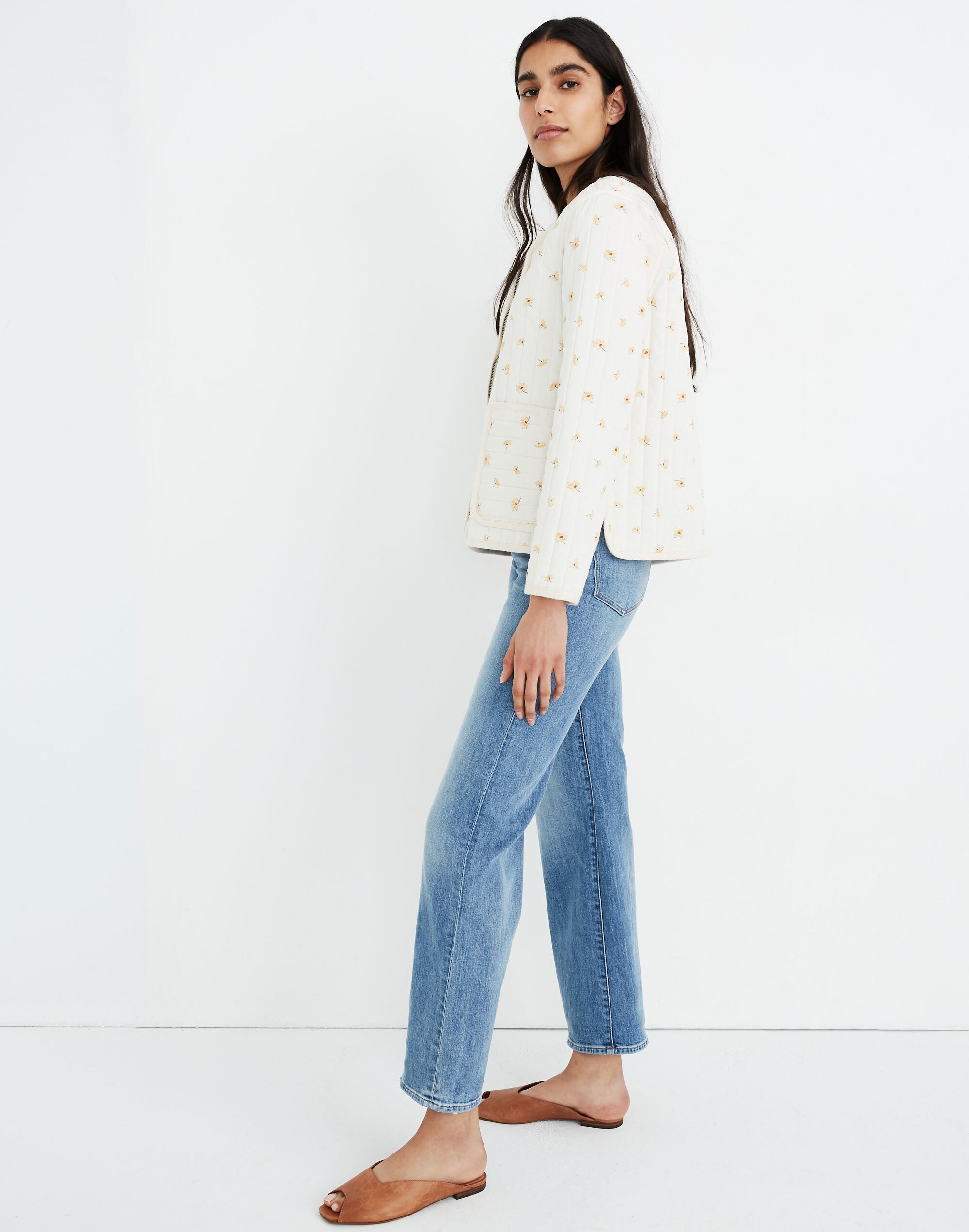 Cotton Quilted Zip-Up Liner Jacket in French Daisies