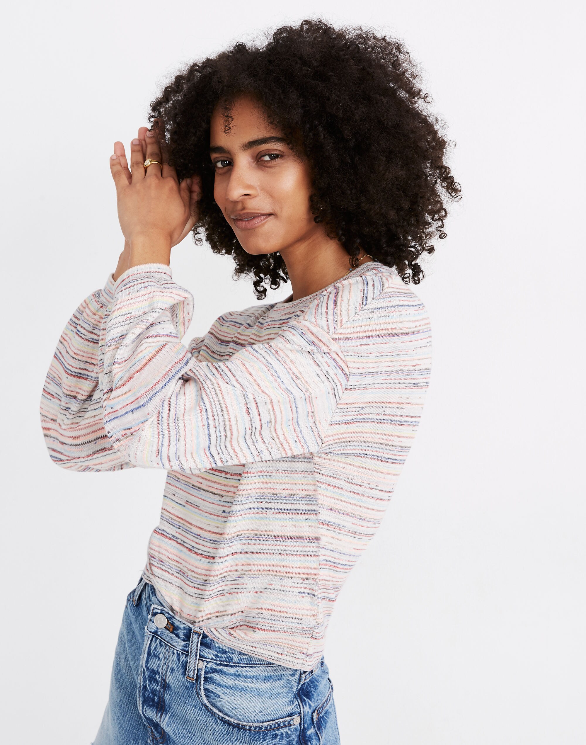 Bubble-Sleeve Crop Top in Rainbow Stripe