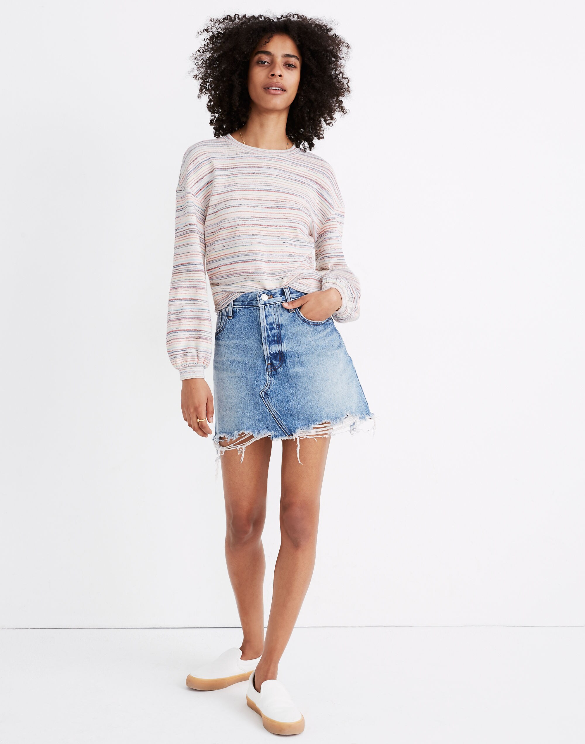 Bubble-Sleeve Crop Top in Rainbow Stripe