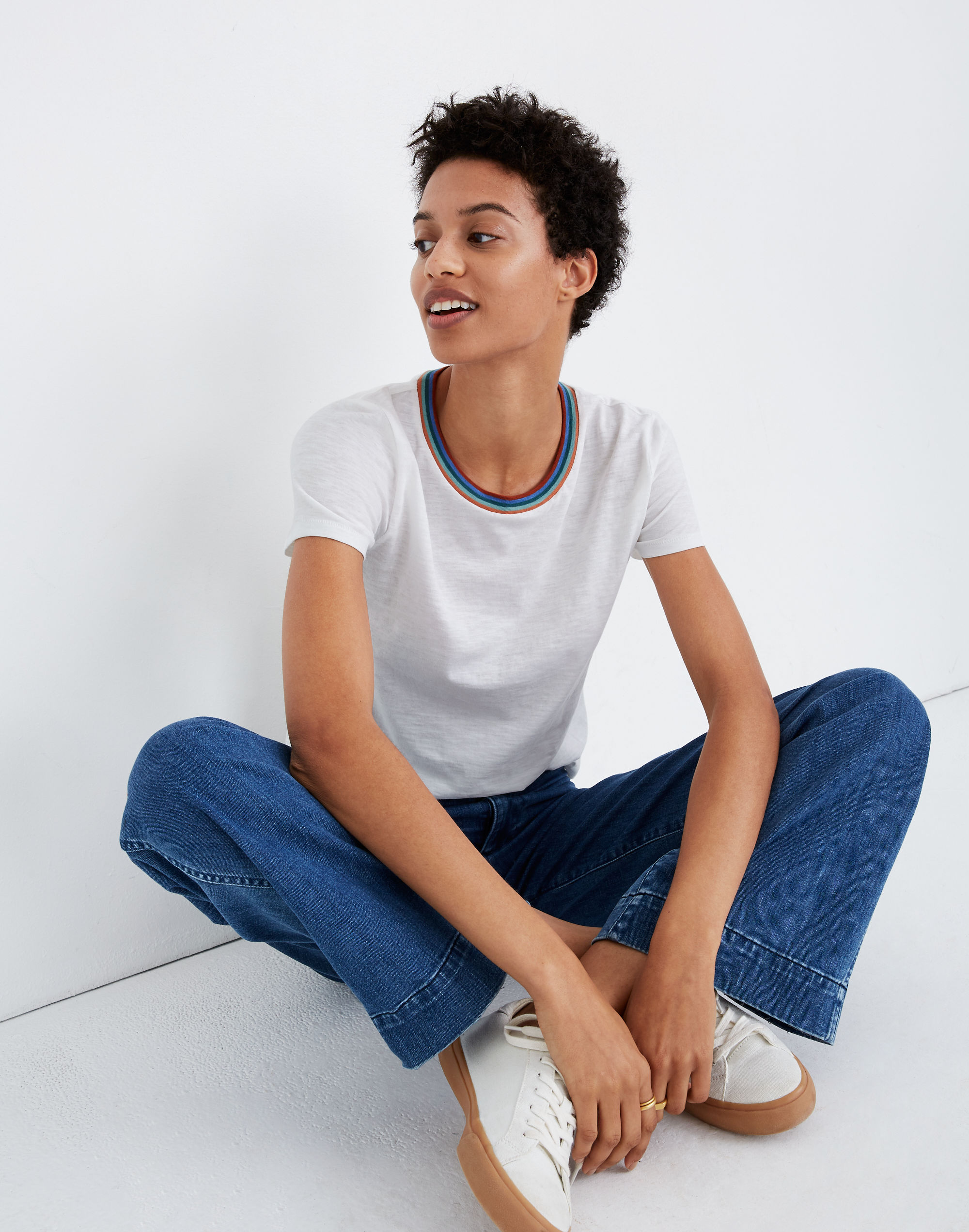 whisper cotton ringer tee in burbank stripe