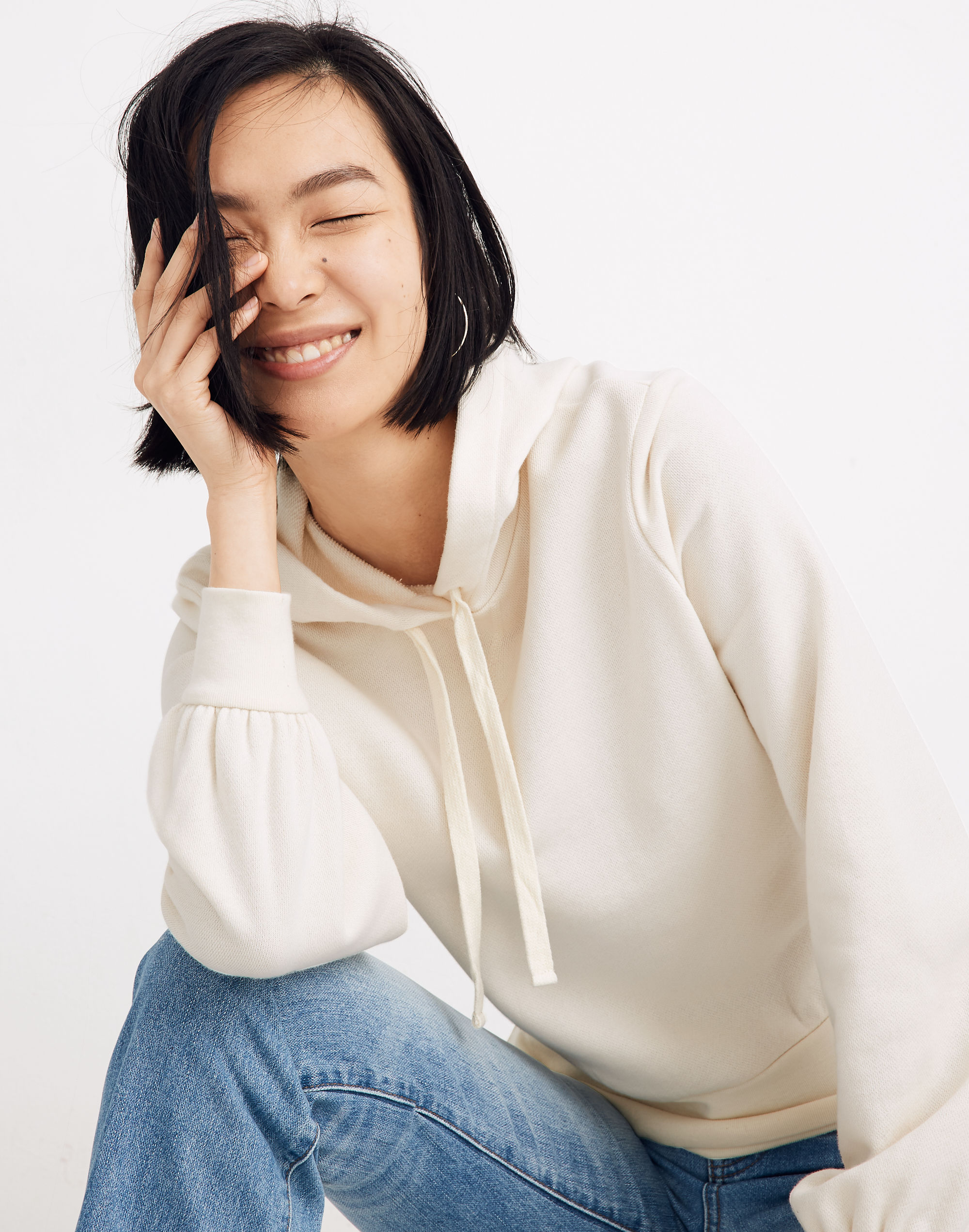 Bubble-Sleeve Hoodie Crop Sweatshirt