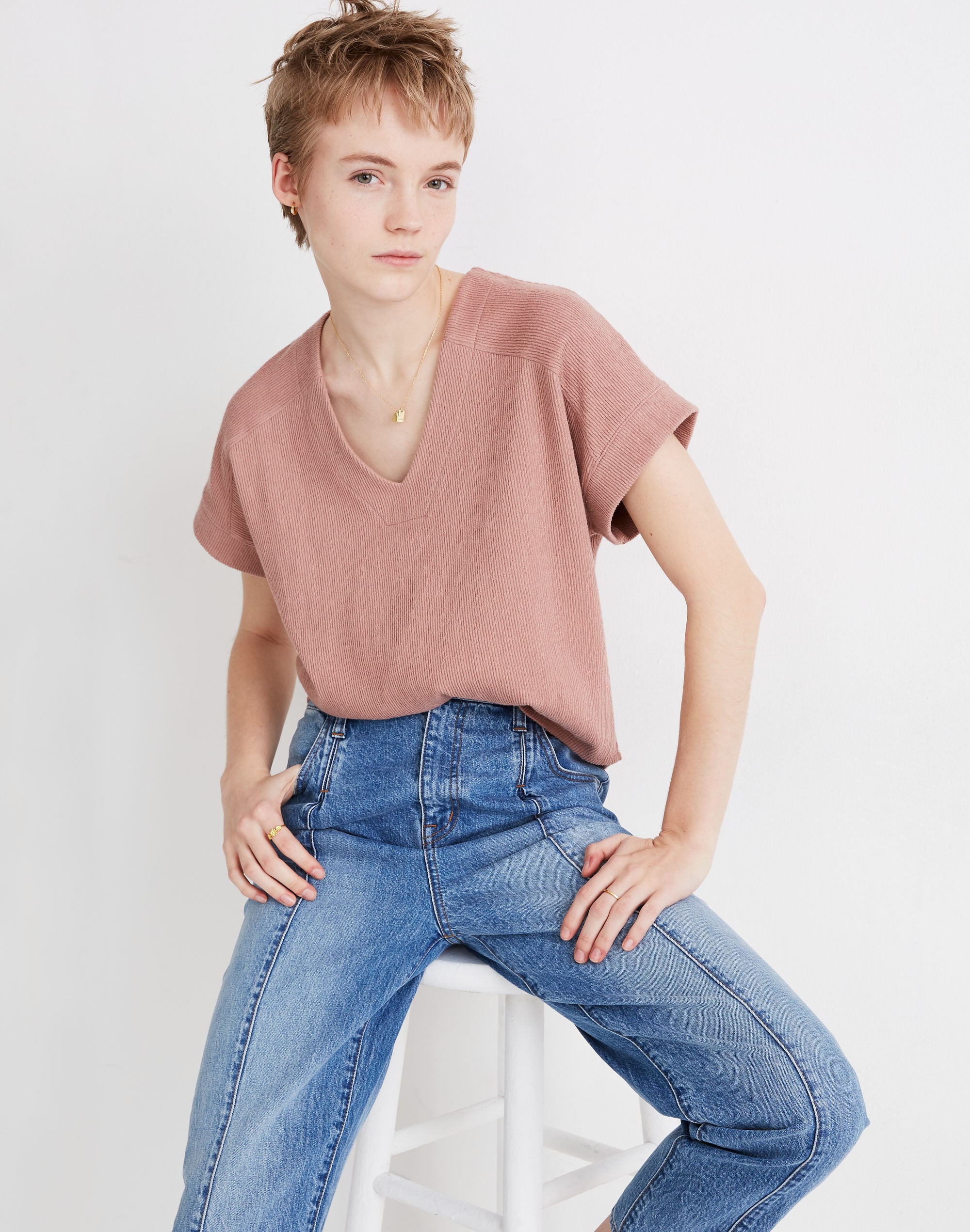 Ottoman Jacquard V-Neck Boxy Top