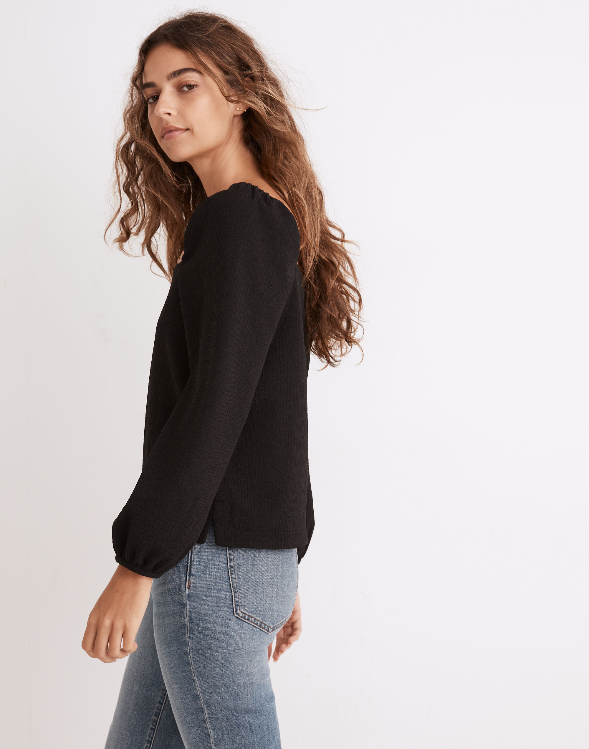 Crepe Square-Neck Puff-Sleeve Top