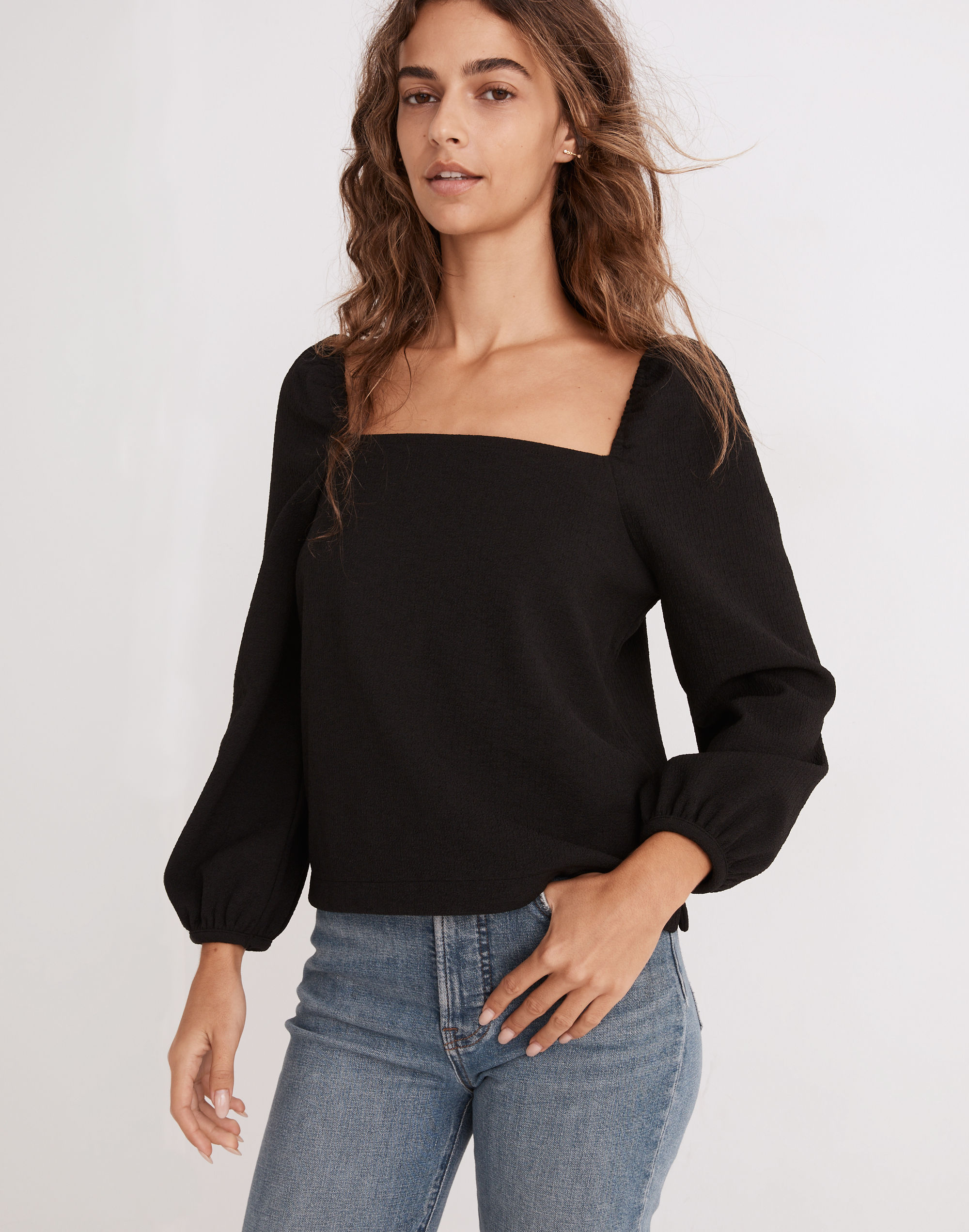 Crepe Square-Neck Puff-Sleeve Top