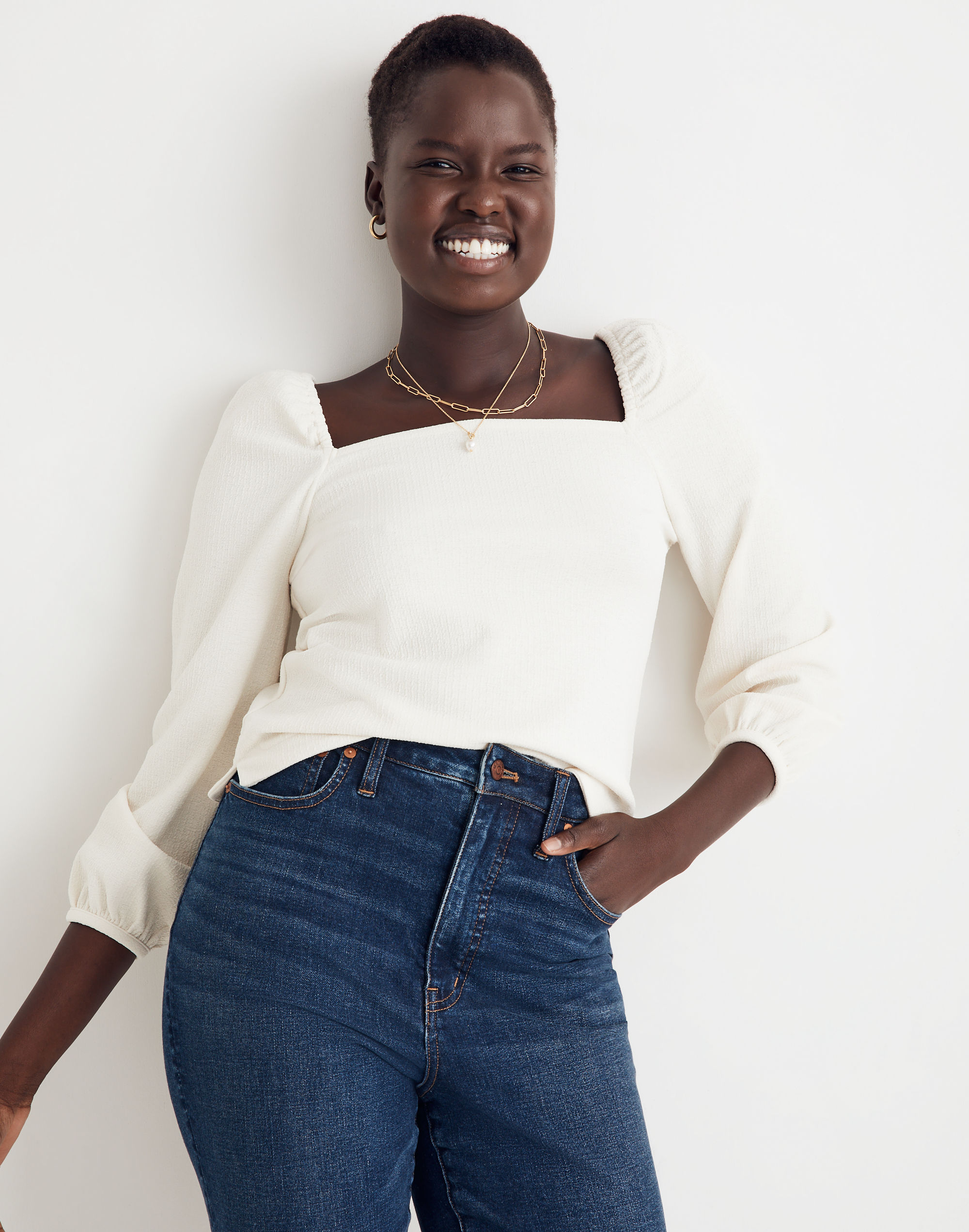 Crepe Square-Neck Puff-Sleeve Top