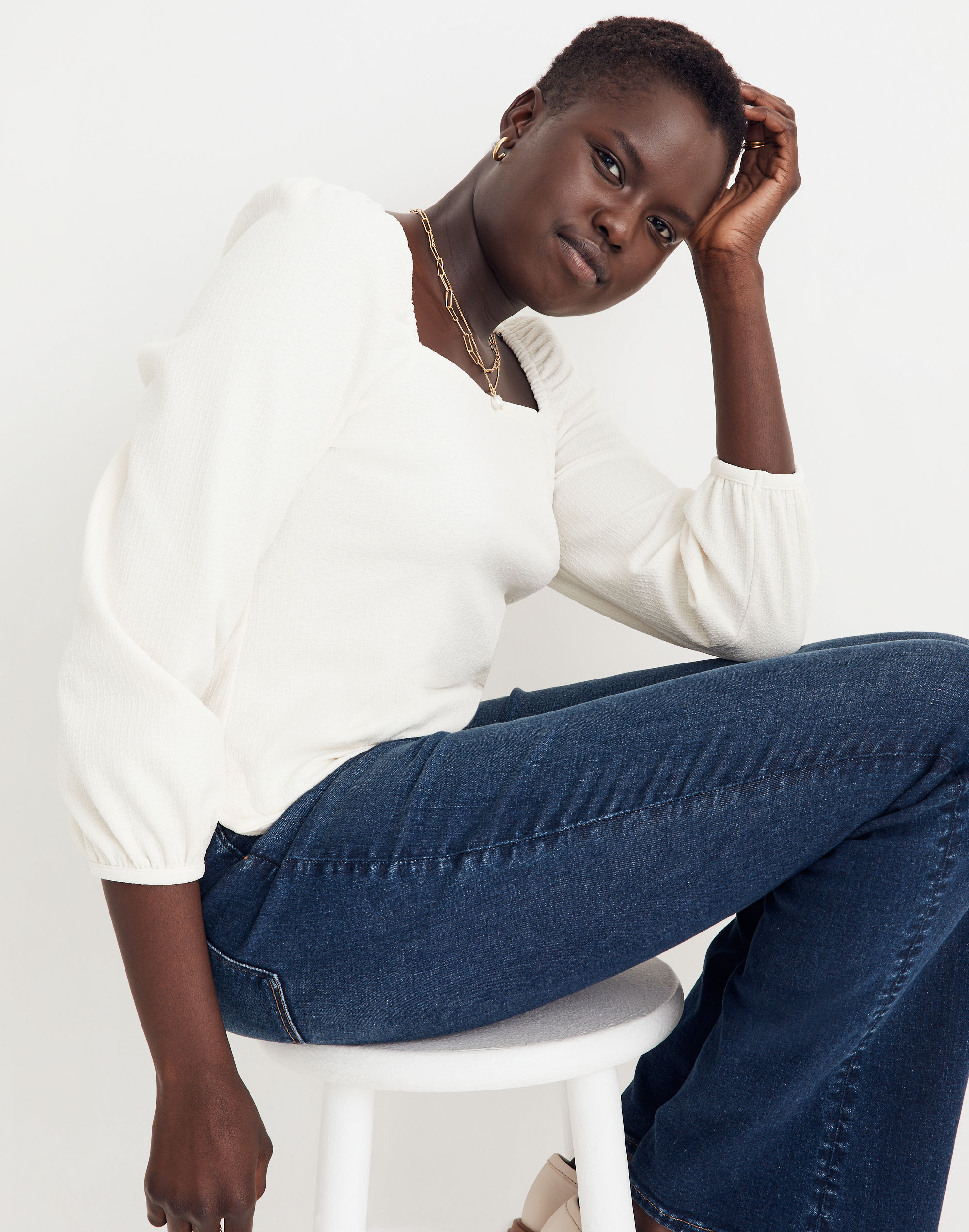 Crepe Square-Neck Puff-Sleeve Top