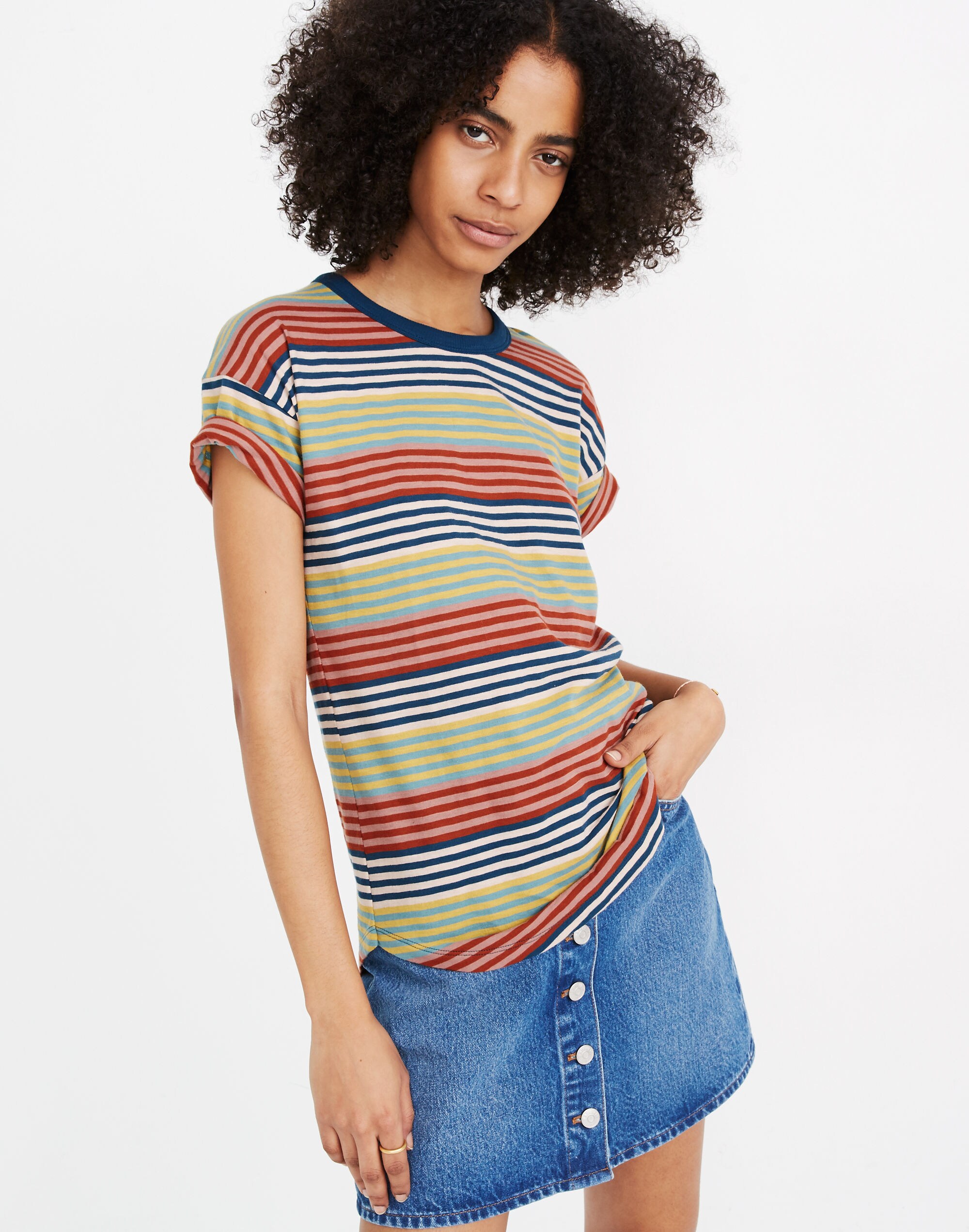 Whisper Cotton Rib-Crewneck Tee in Rocco Stripe