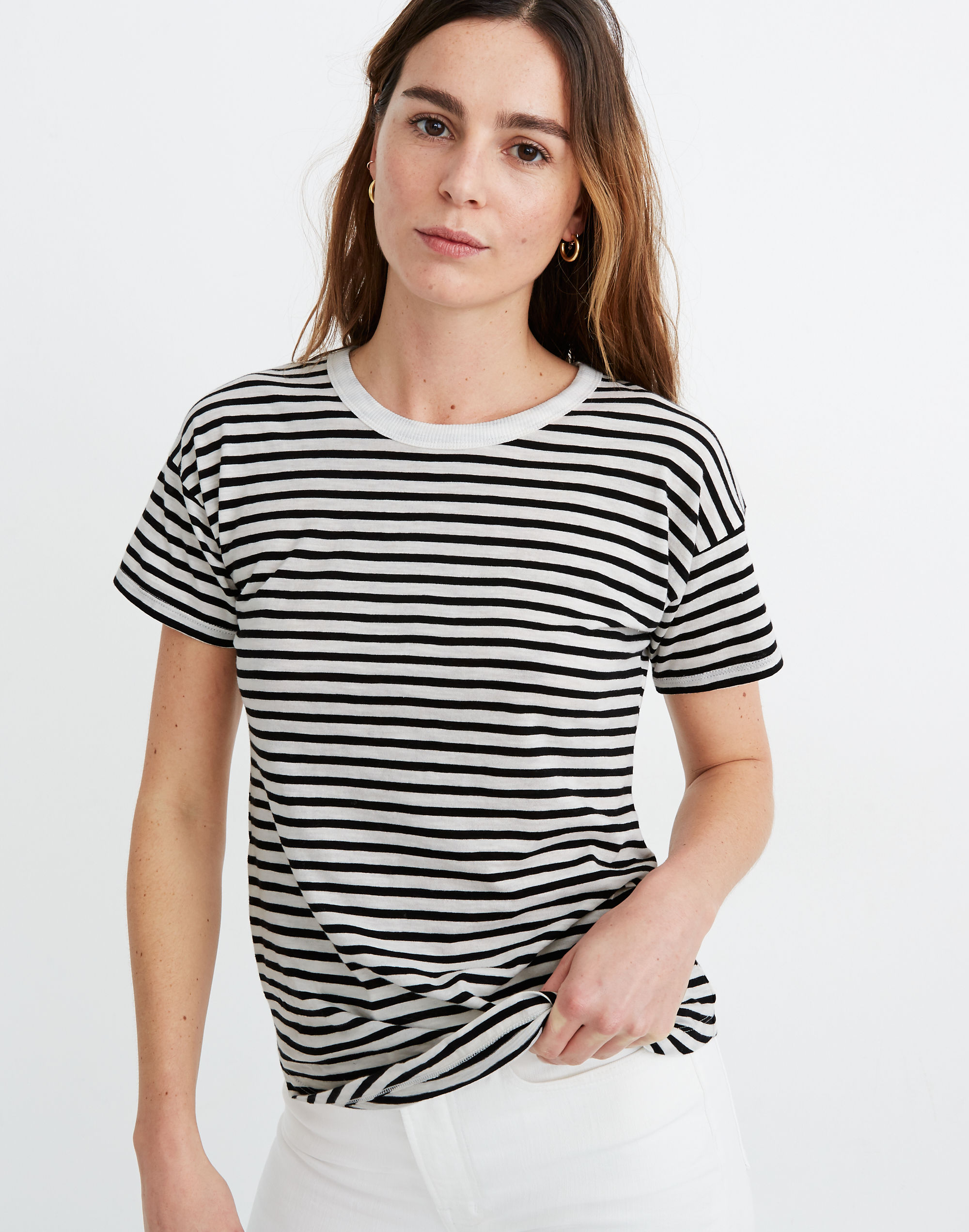 Whisper Cotton Rib-Crewneck Tee in Bridgewater Stripe