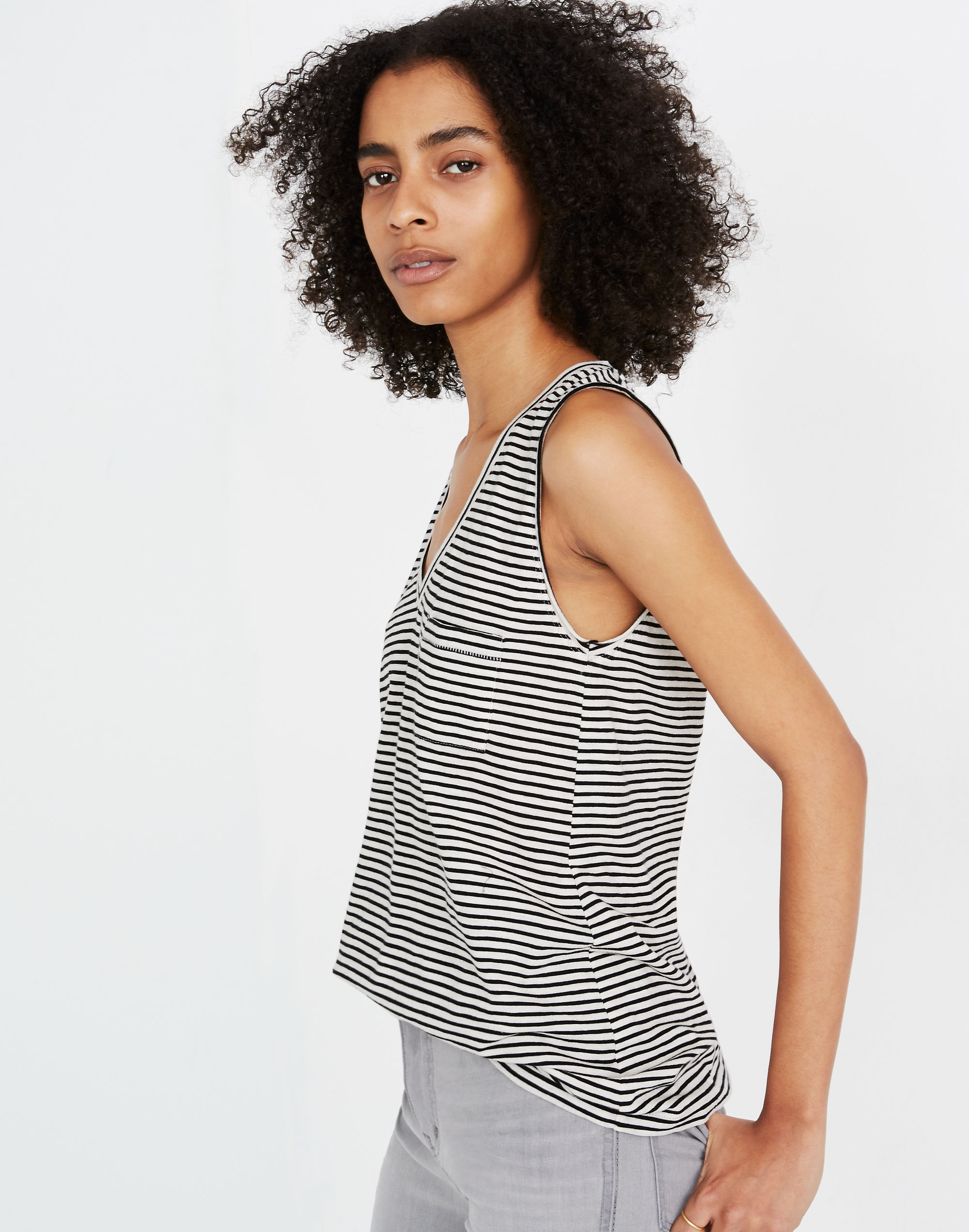 Whisper Cotton V-Neck Pocket Tank in Eastwood Stripe