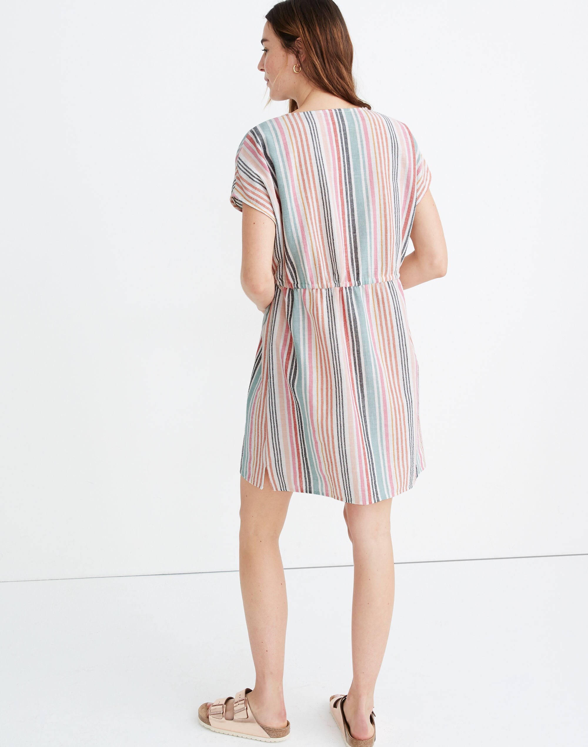 Drawstring Cover-Up Tunic Dress in Rainbow Stripe