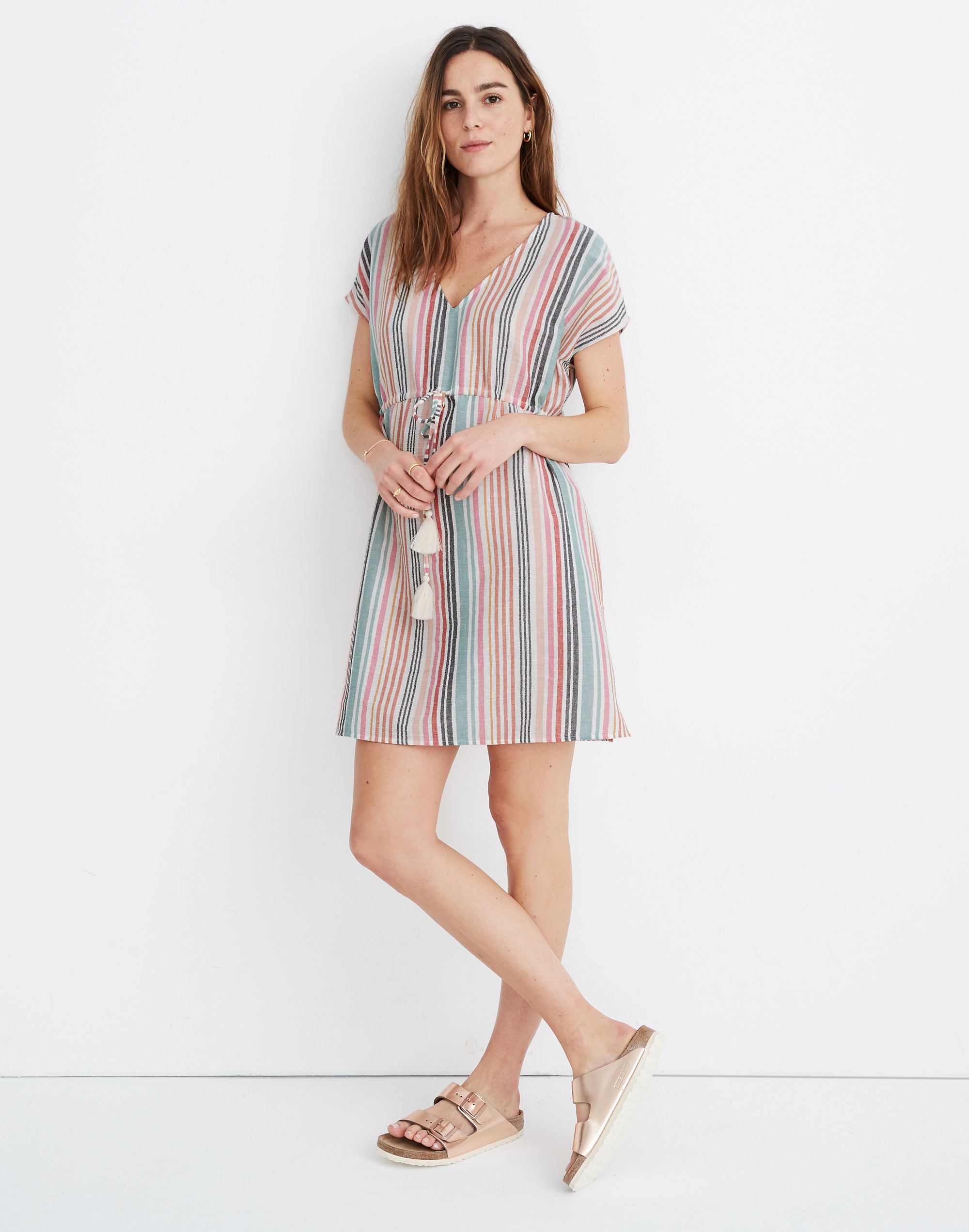 Drawstring Cover-Up Tunic Dress in Rainbow Stripe