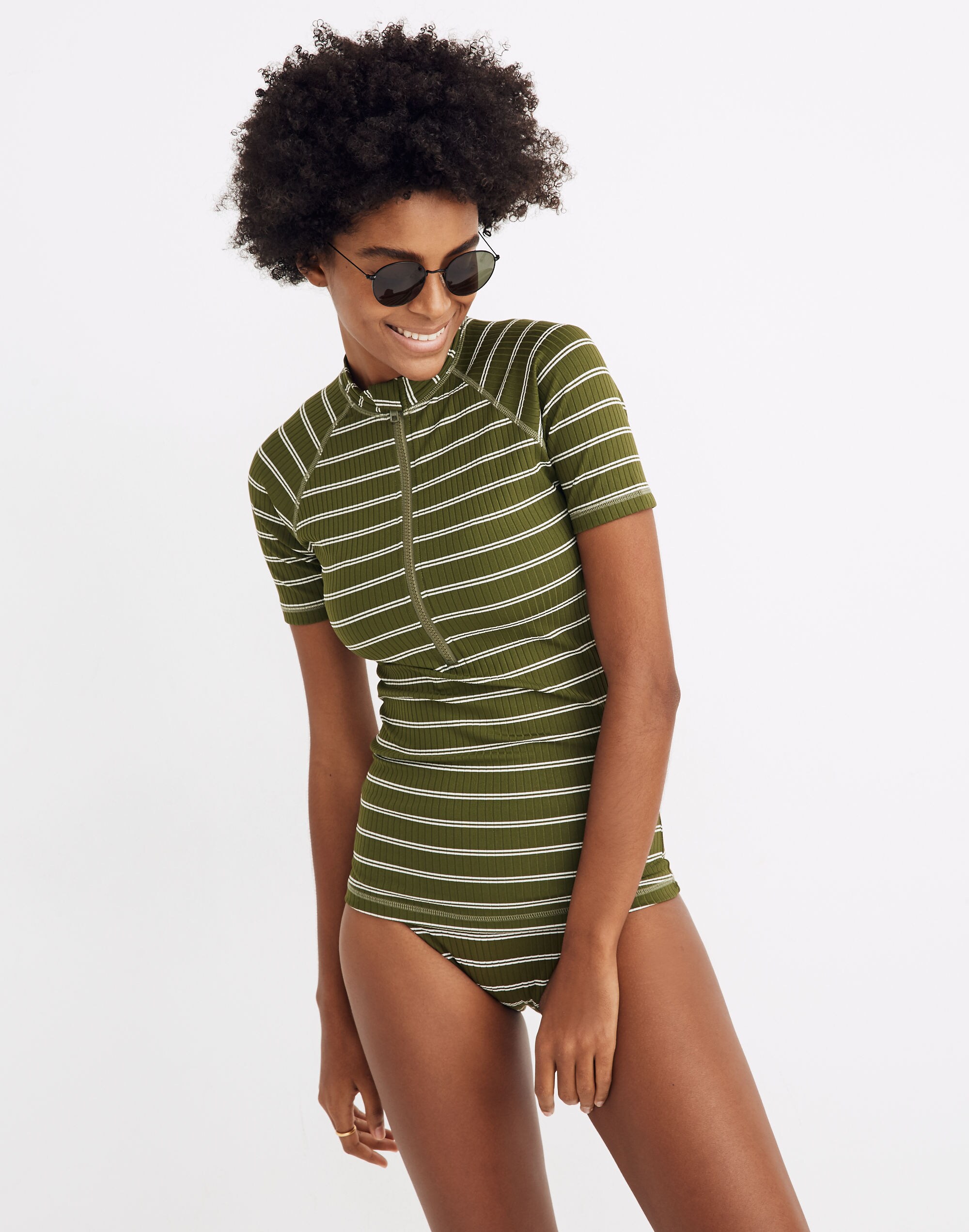 Madewell Ribbed Short-Sleeve Rash Guard in Stripe