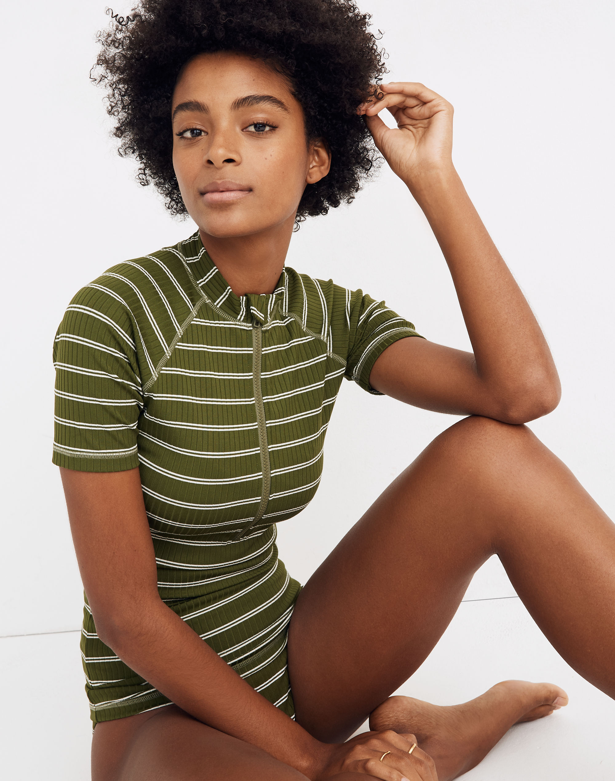 Madewell Ribbed Short-Sleeve Rash Guard in Stripe