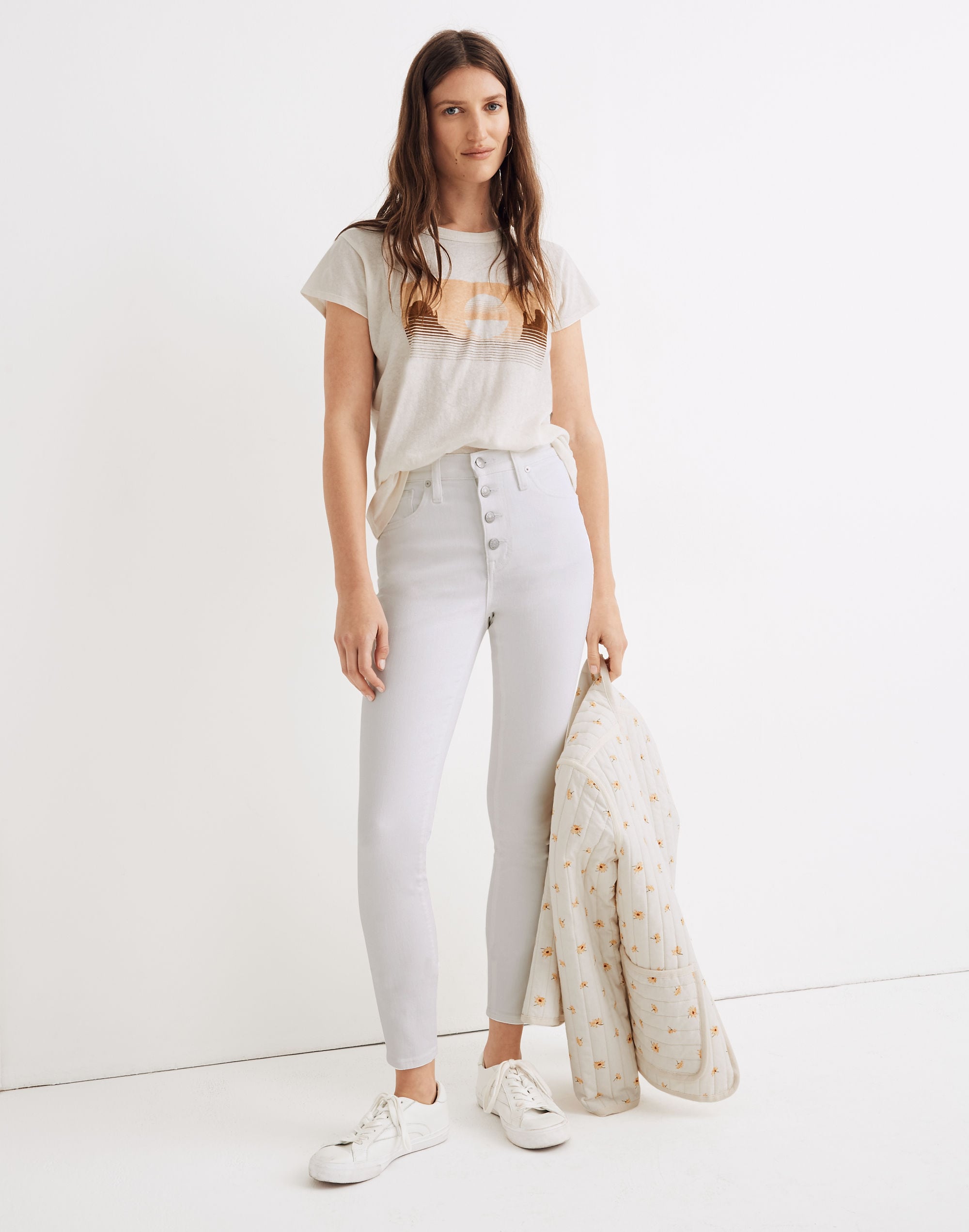 10 high-rise skinny crop jeans in pure white: button-front edition