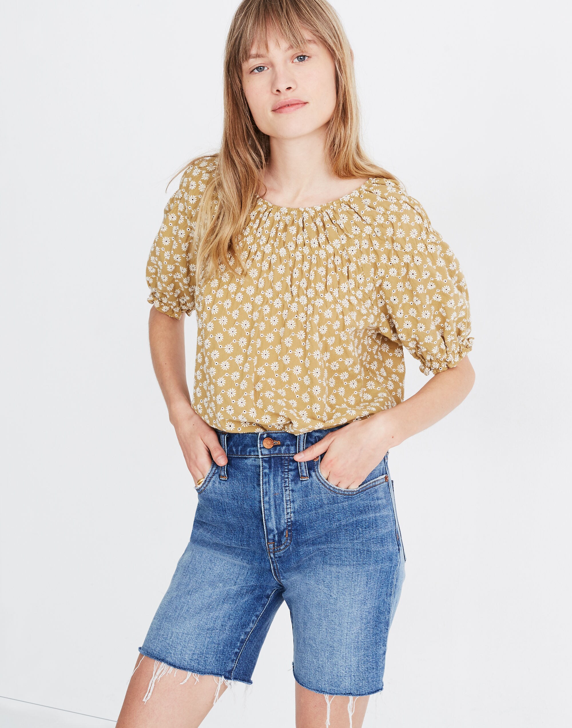 High-Rise Mid-Length Denim Shorts in Gosford Wash