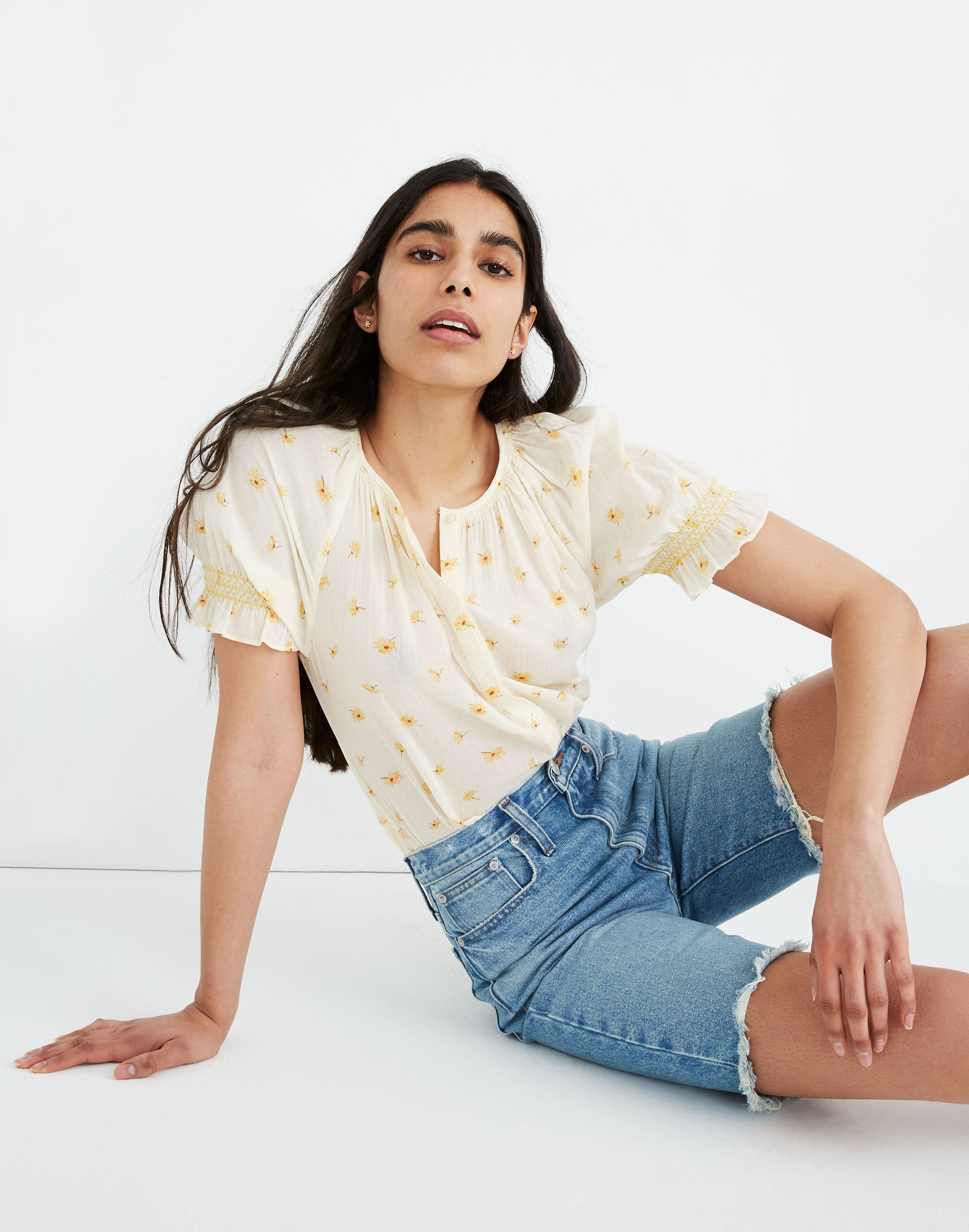 High-Rise Long Denim Shorts in Hedrick Wash