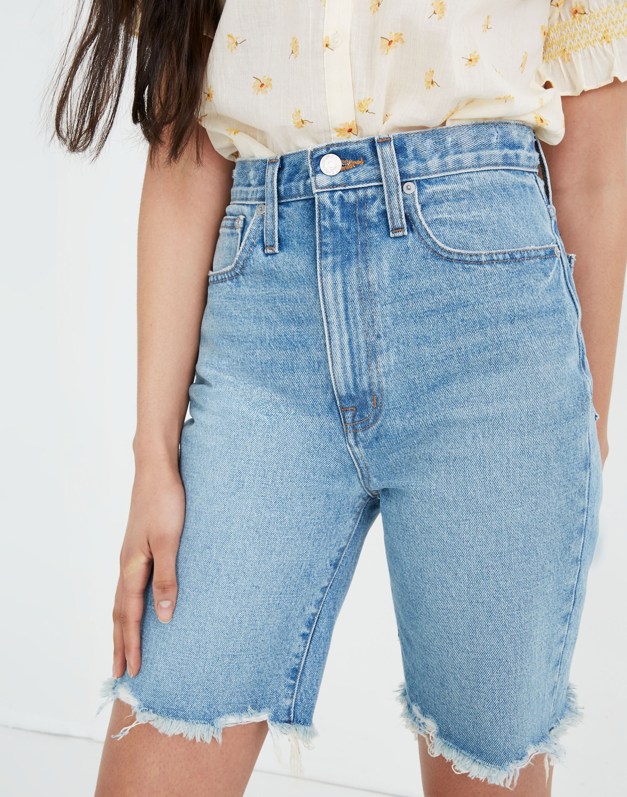 High-Rise Long Denim Shorts in Hedrick Wash