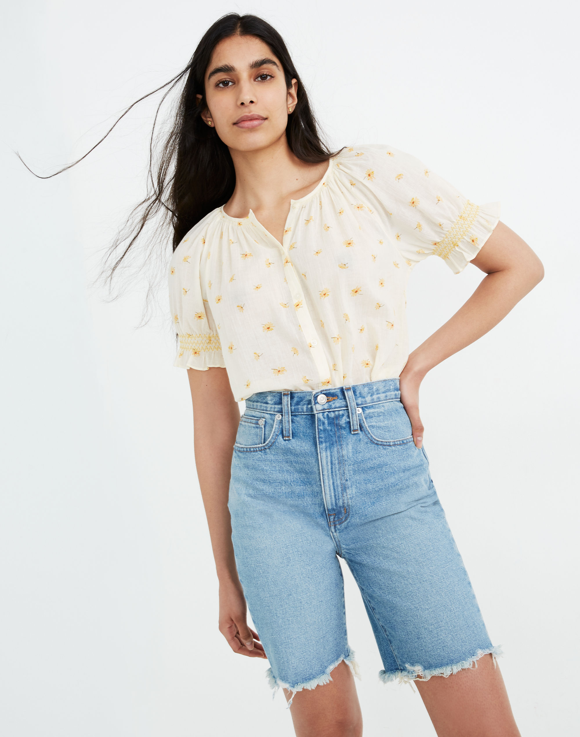 High-Rise Long Denim Shorts in Hedrick Wash