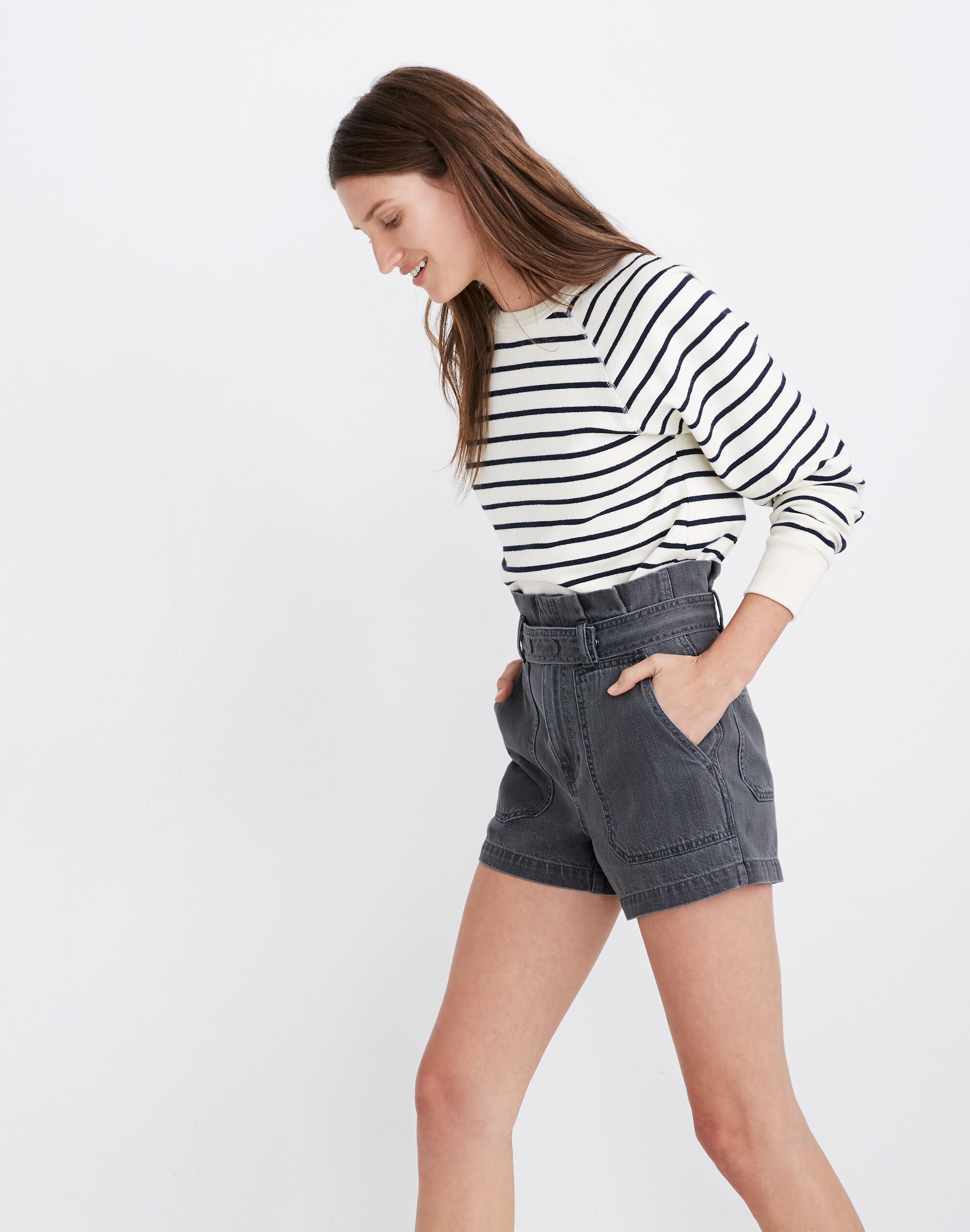 Denim Snap-Belt Paperbag Shorts in Pale Grey