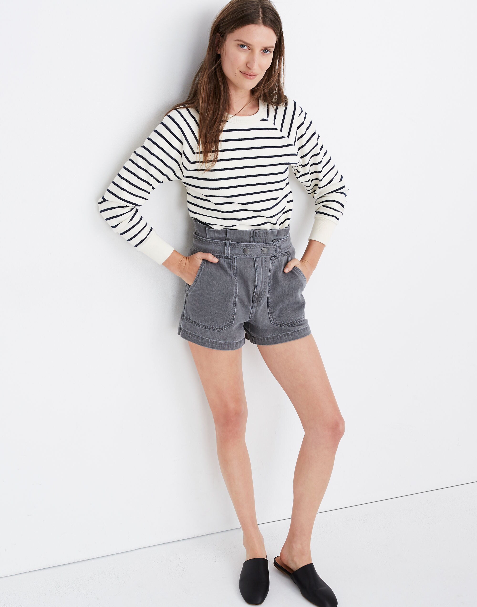 Denim Snap-Belt Paperbag Shorts in Pale Grey