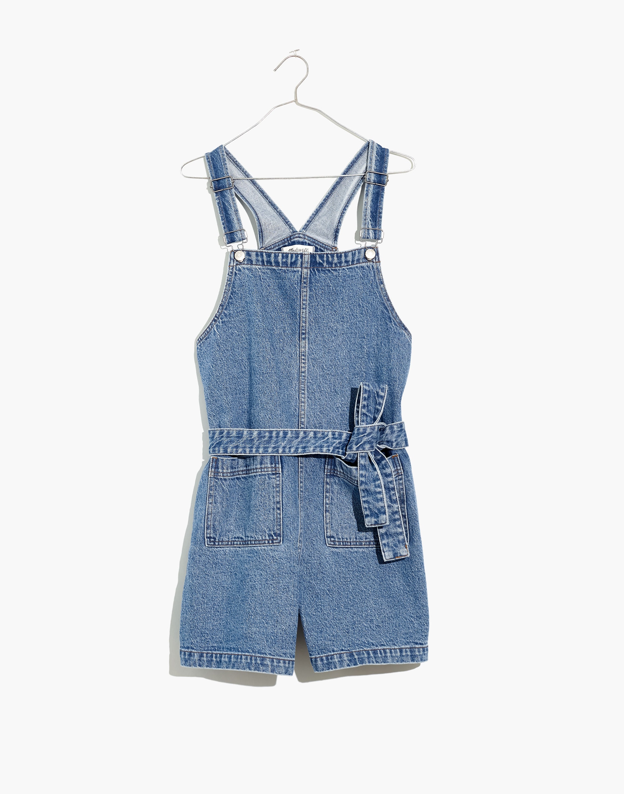 Denim Tie-Waist Patch Pocket Short Overalls