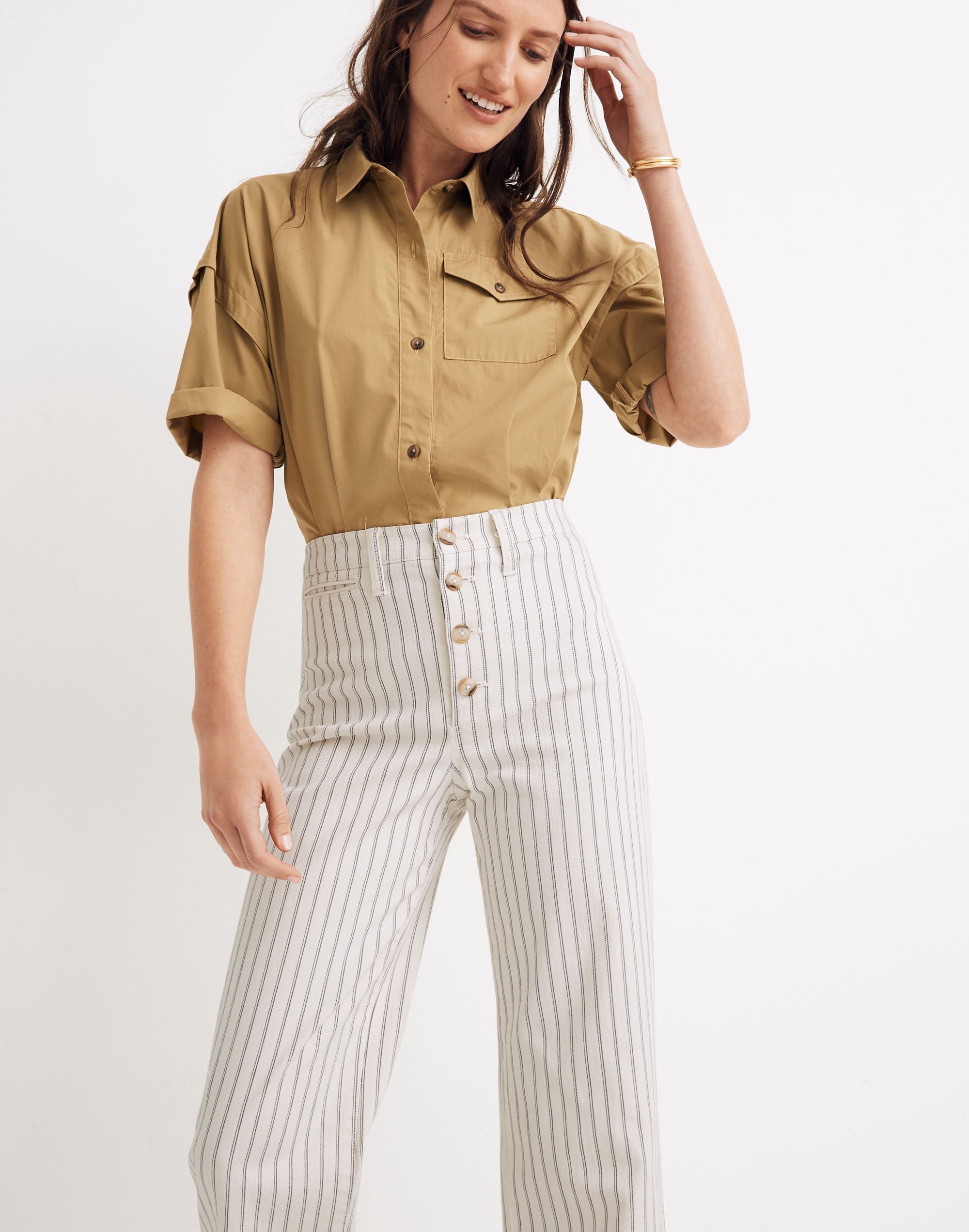Slim Emmett Wide-Leg Crop Pants in Indigo Stripe: Button-Front Edition